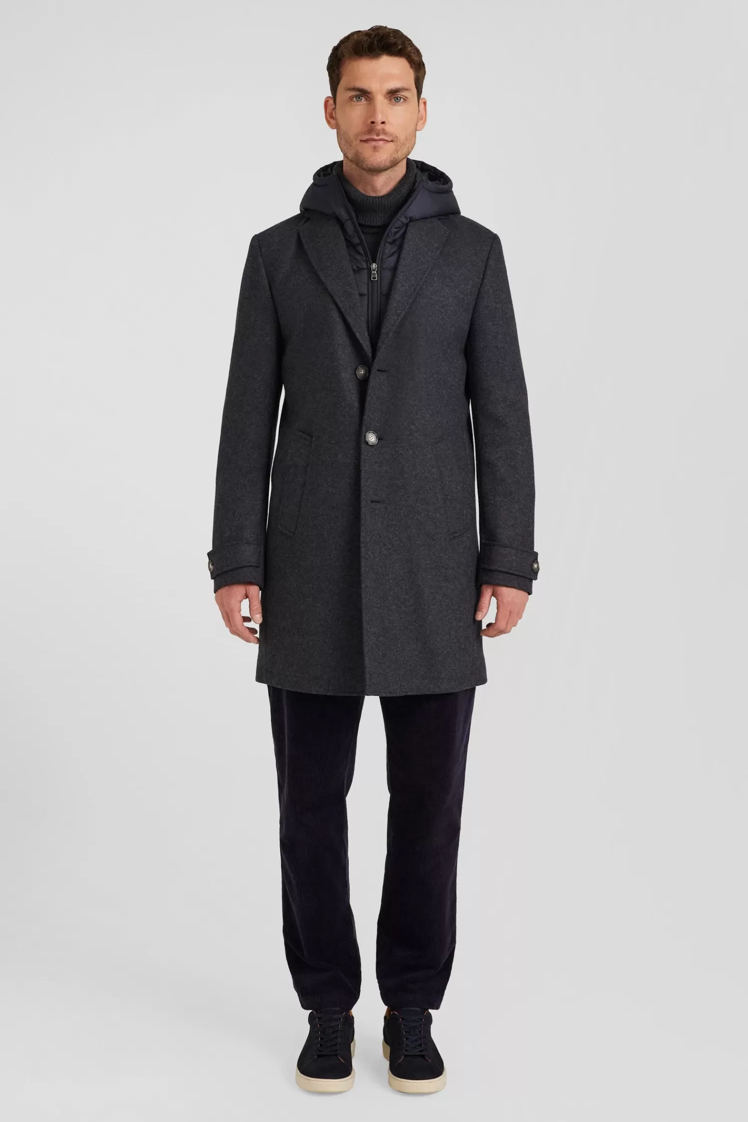 Eden Park Anthracite grey double-faced wool jersey coat with quilted front< Coats And Jackets