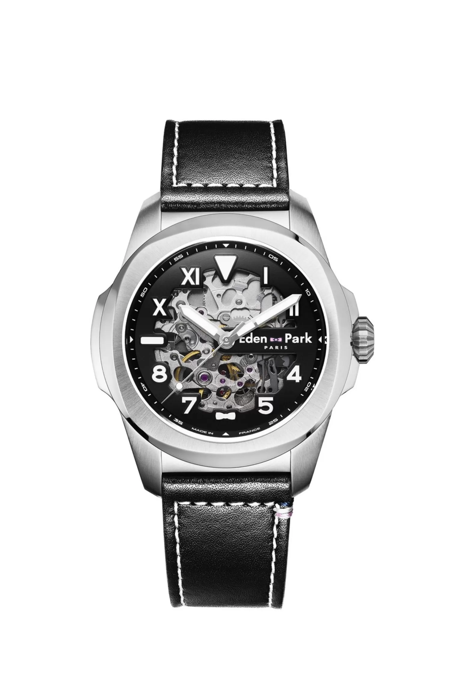 Eden Park Black leather automatic skeleton watch< Watches