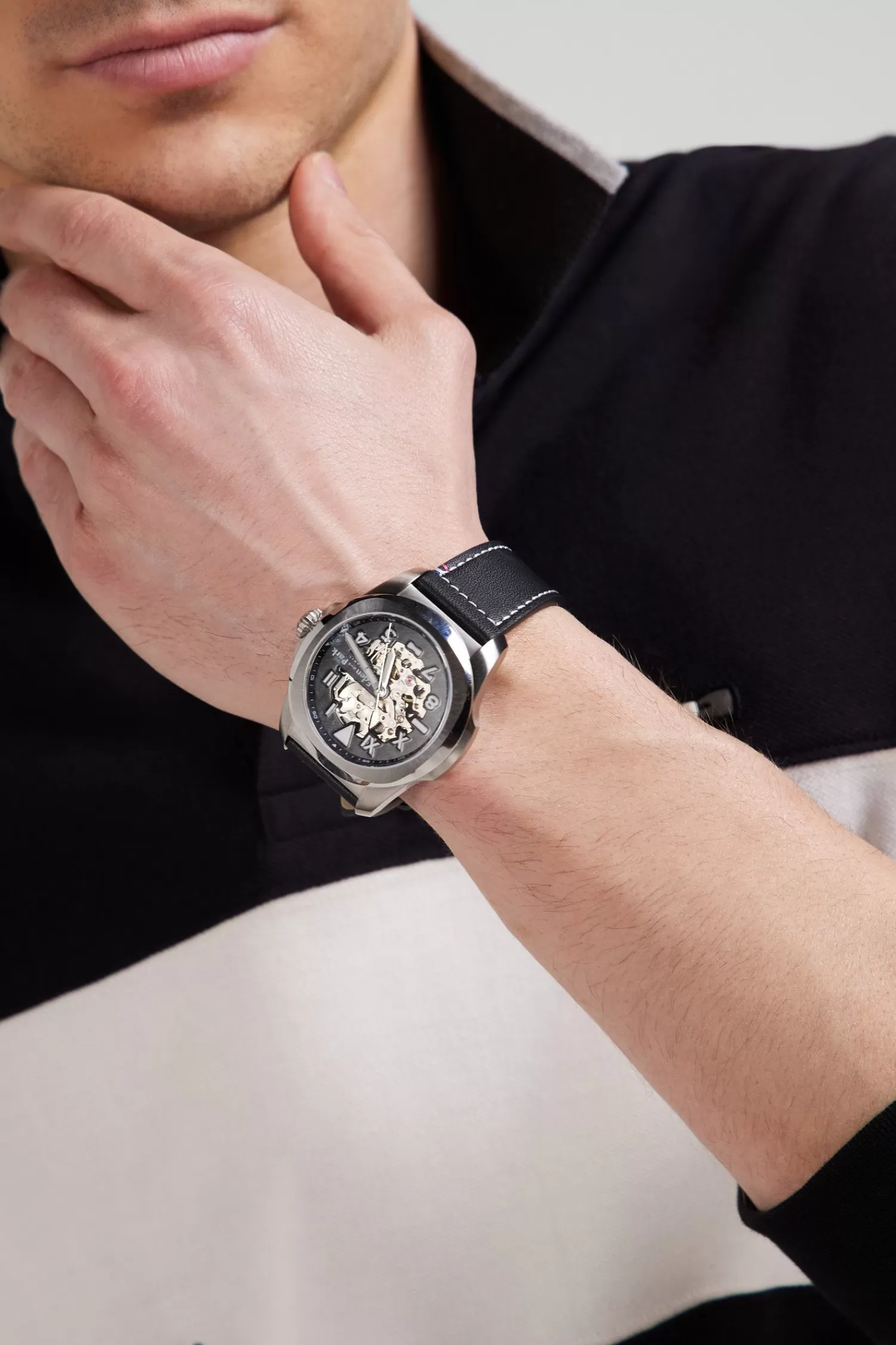 Eden Park Black leather automatic skeleton watch< Watches