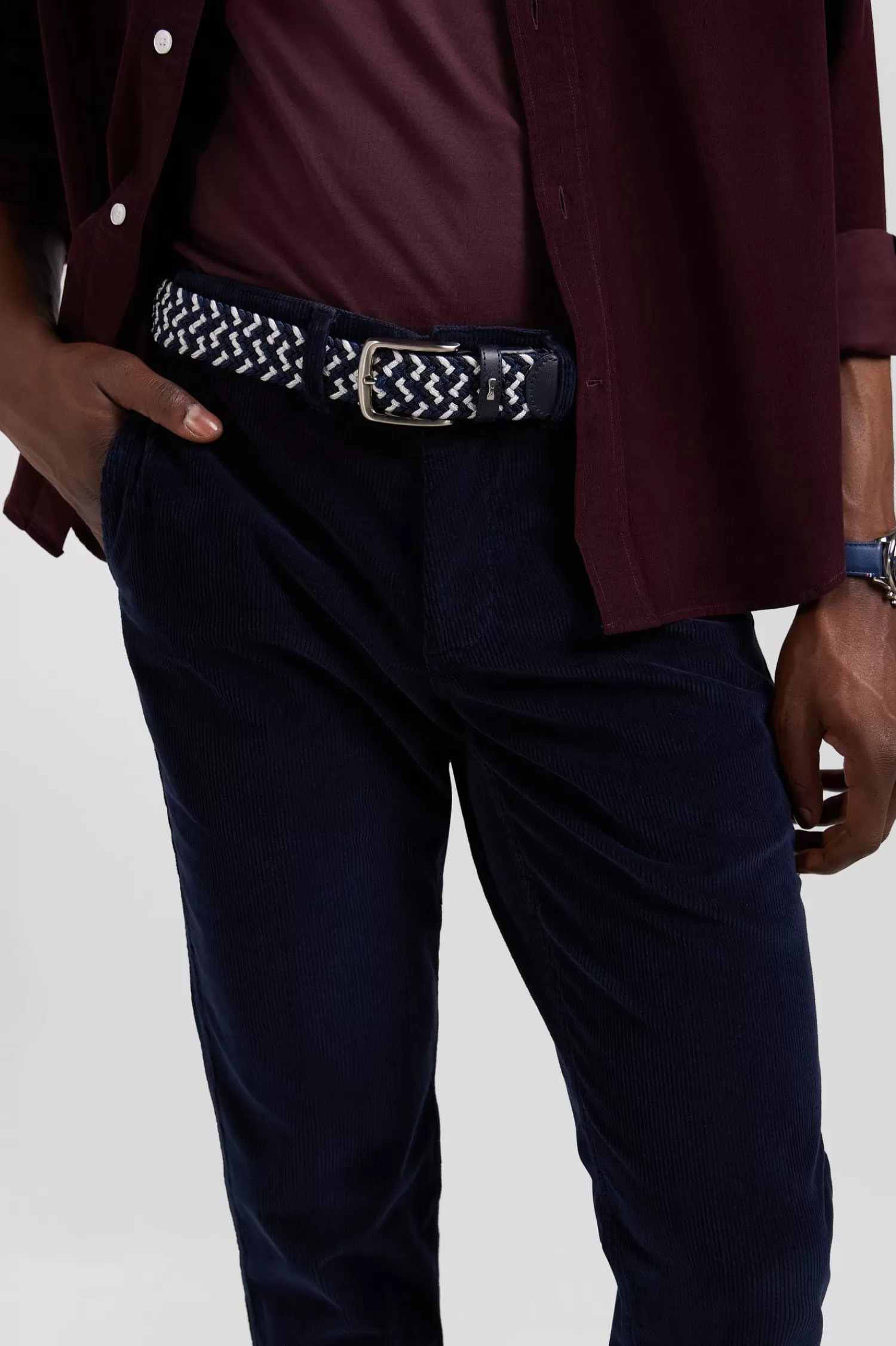 Eden Park Blue rubber stretch braided belt with silver metal buckle< Belts