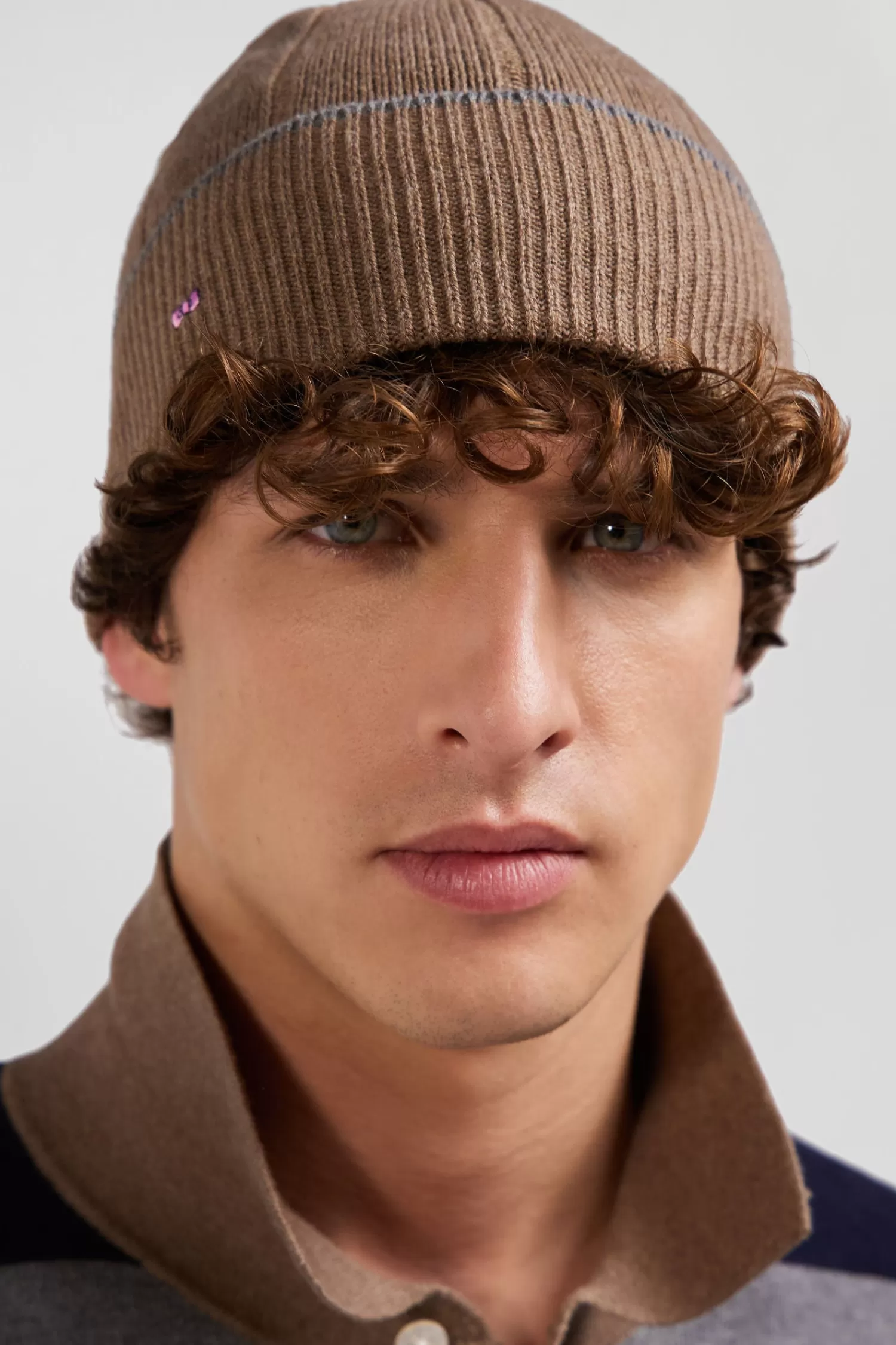 Eden Park Brown cotton and cashmere beanie with contrasting trim< Beanies