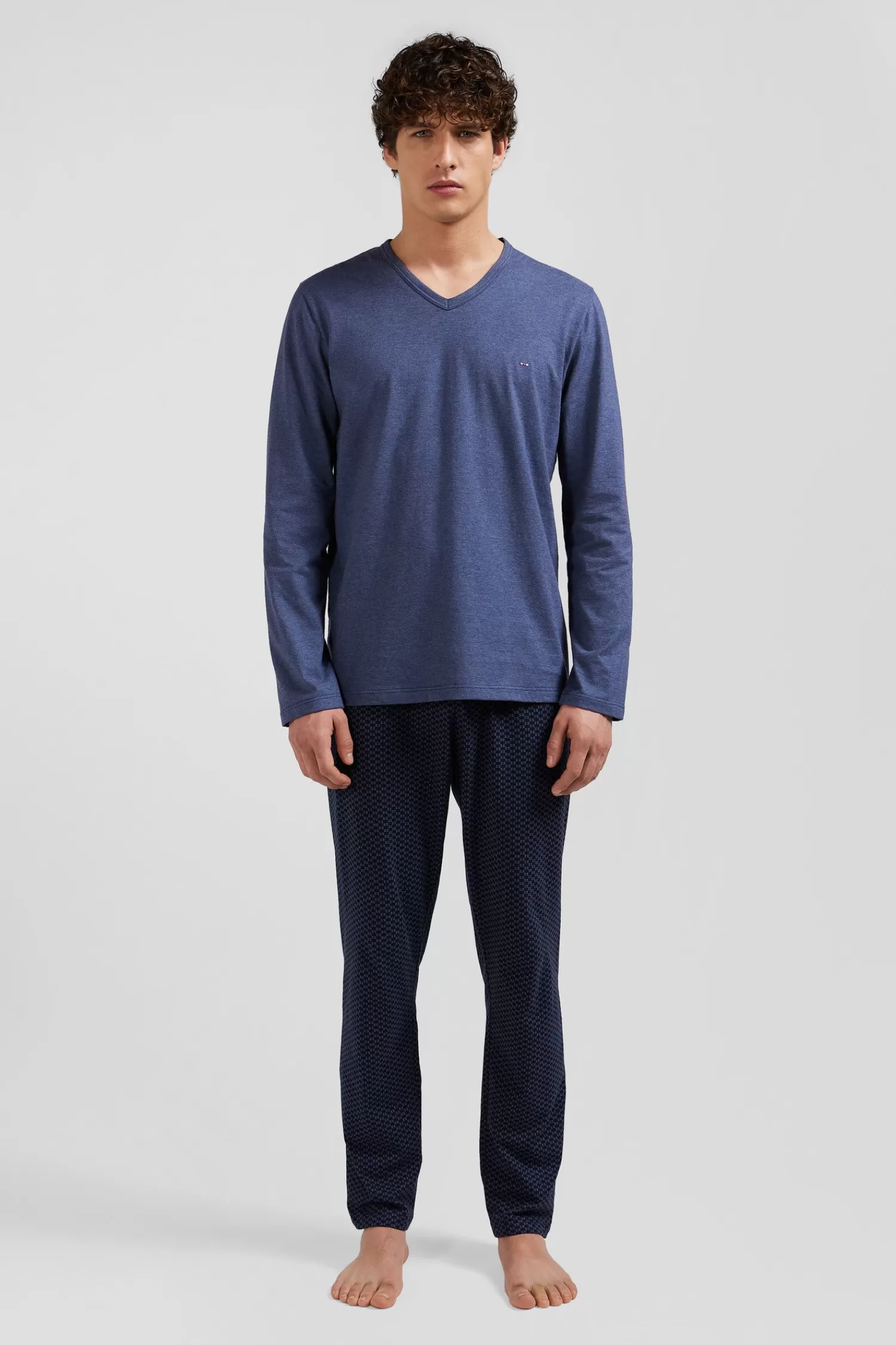 Eden Park Dark blue long cotton pajamas with bow tie micro pattern trousers< Pajamas
