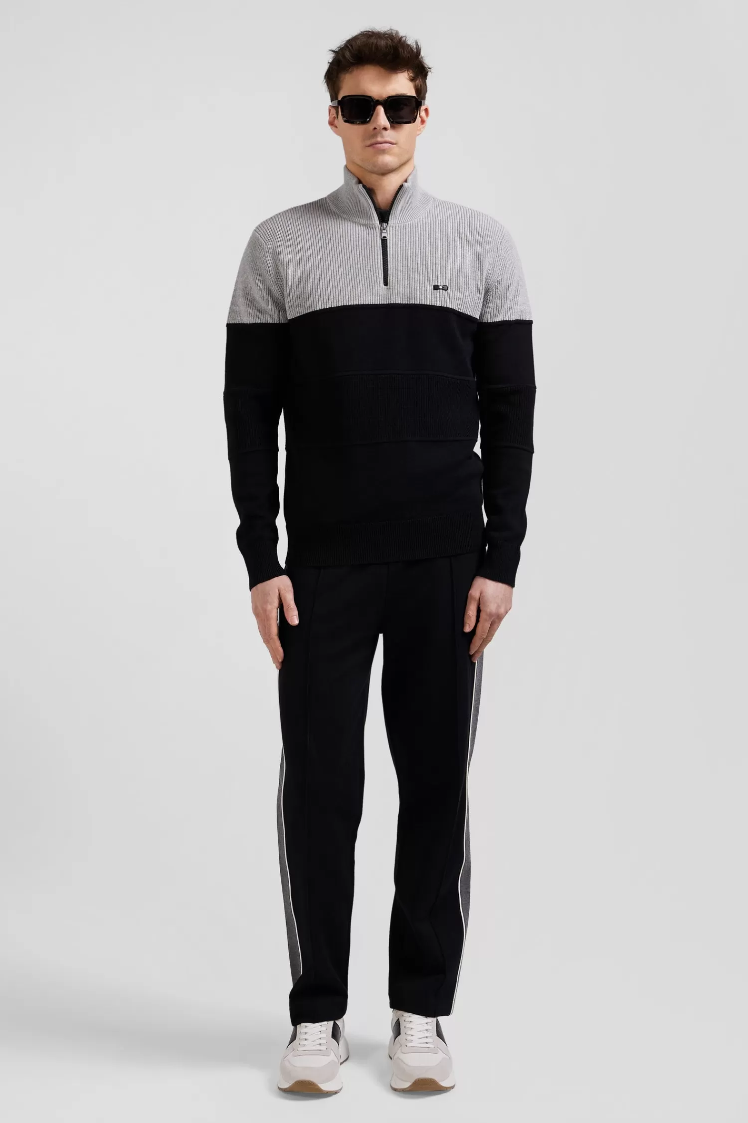 Eden Park Grey cotton half-zip jumper with knit details Regular fit< Sweaters