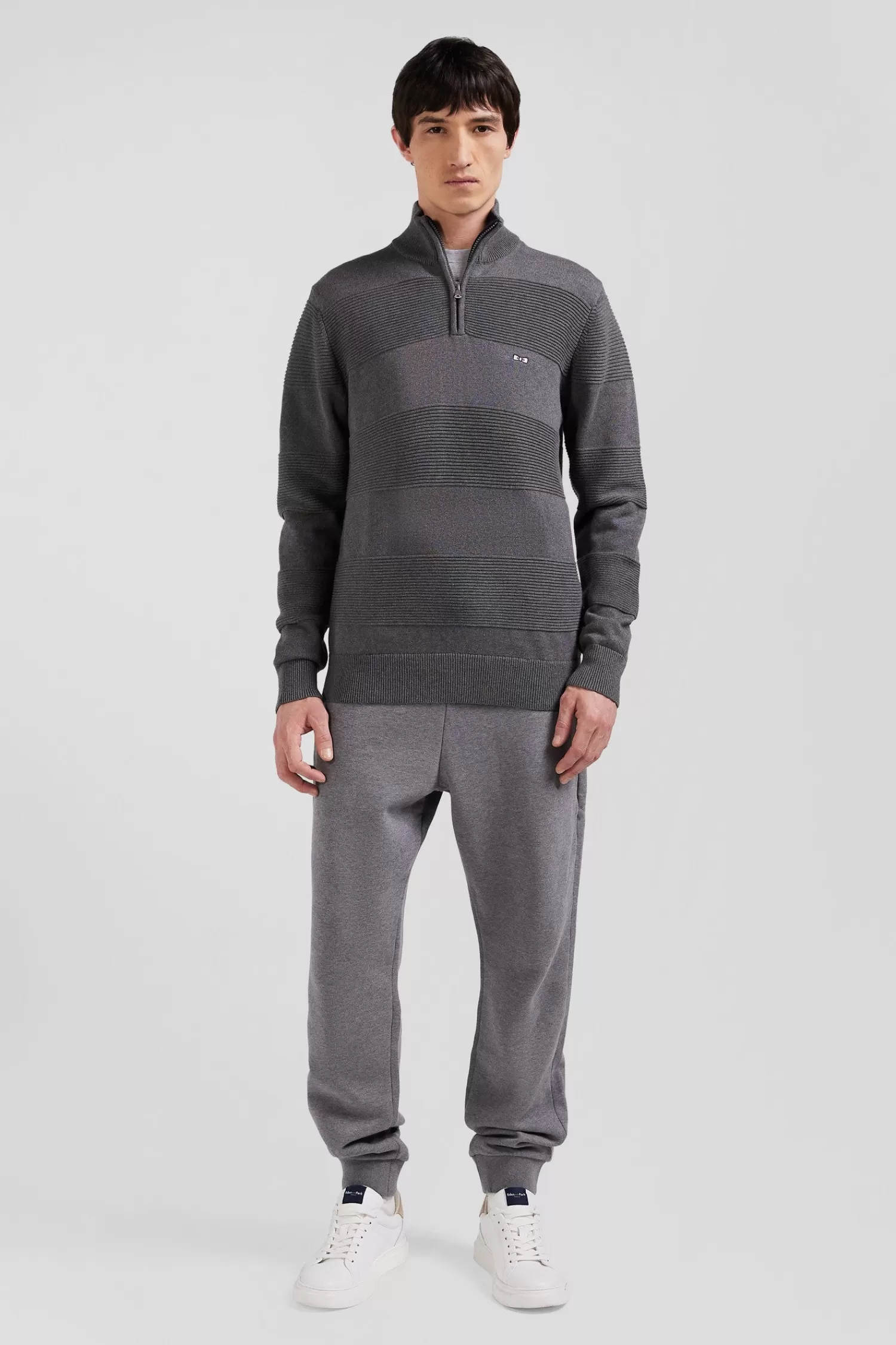 Eden Park Grey cotton half-zip jumper with knit details Regular fit< Sweaters