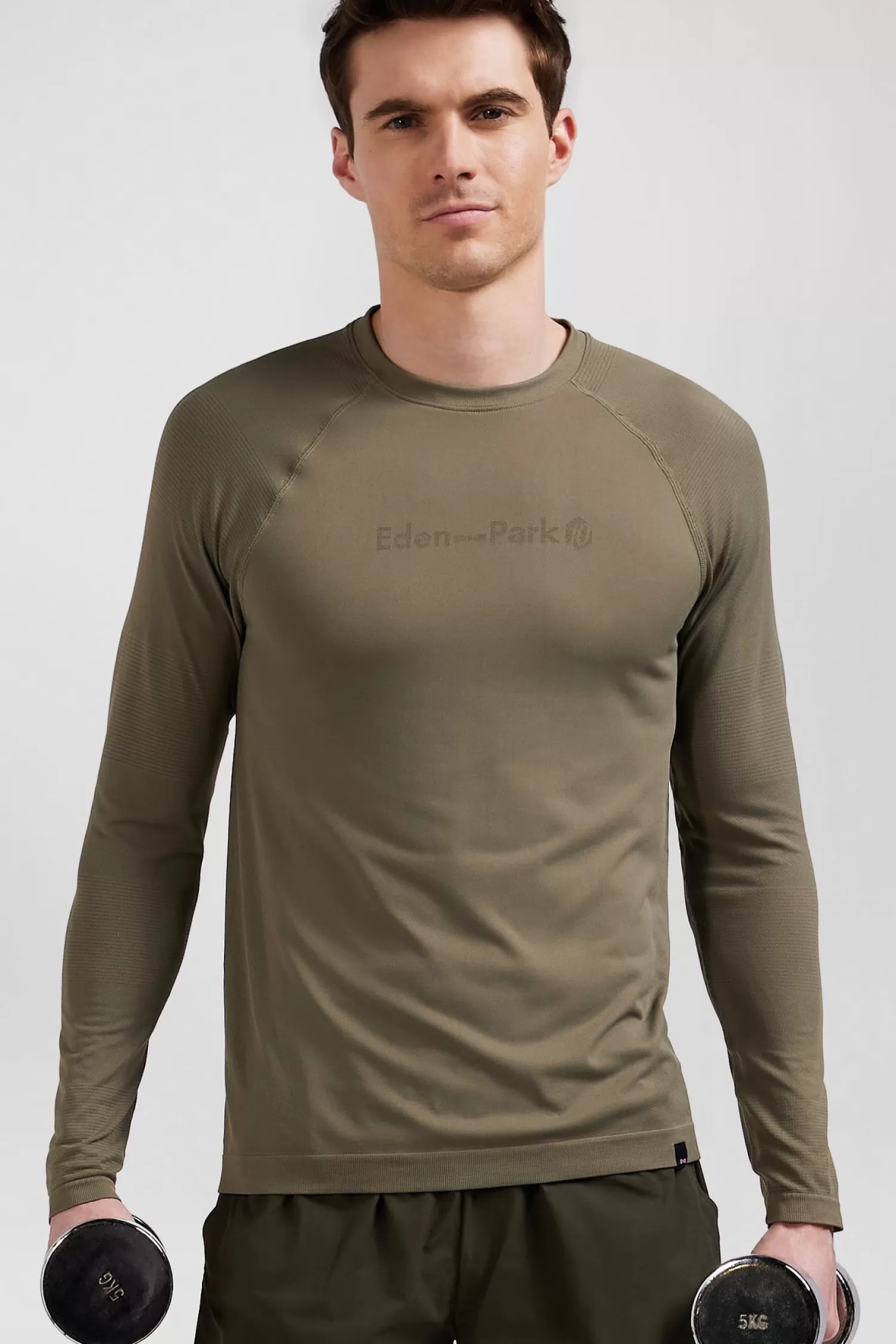 Eden Park Khaki green long-sleeved sports T-shirt with striped details< T-shirts