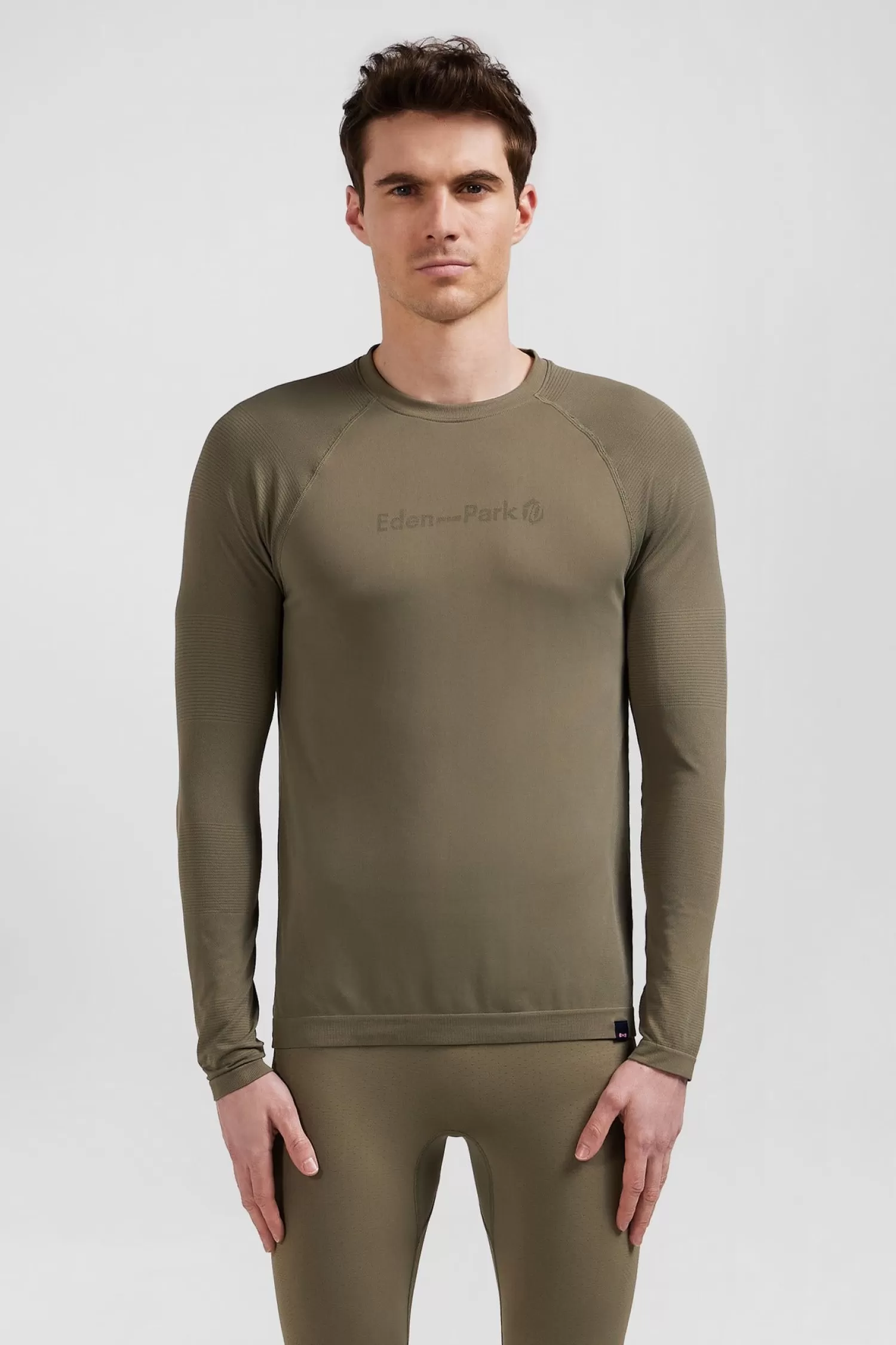 Eden Park Khaki green long-sleeved sports T-shirt with striped details< T-shirts