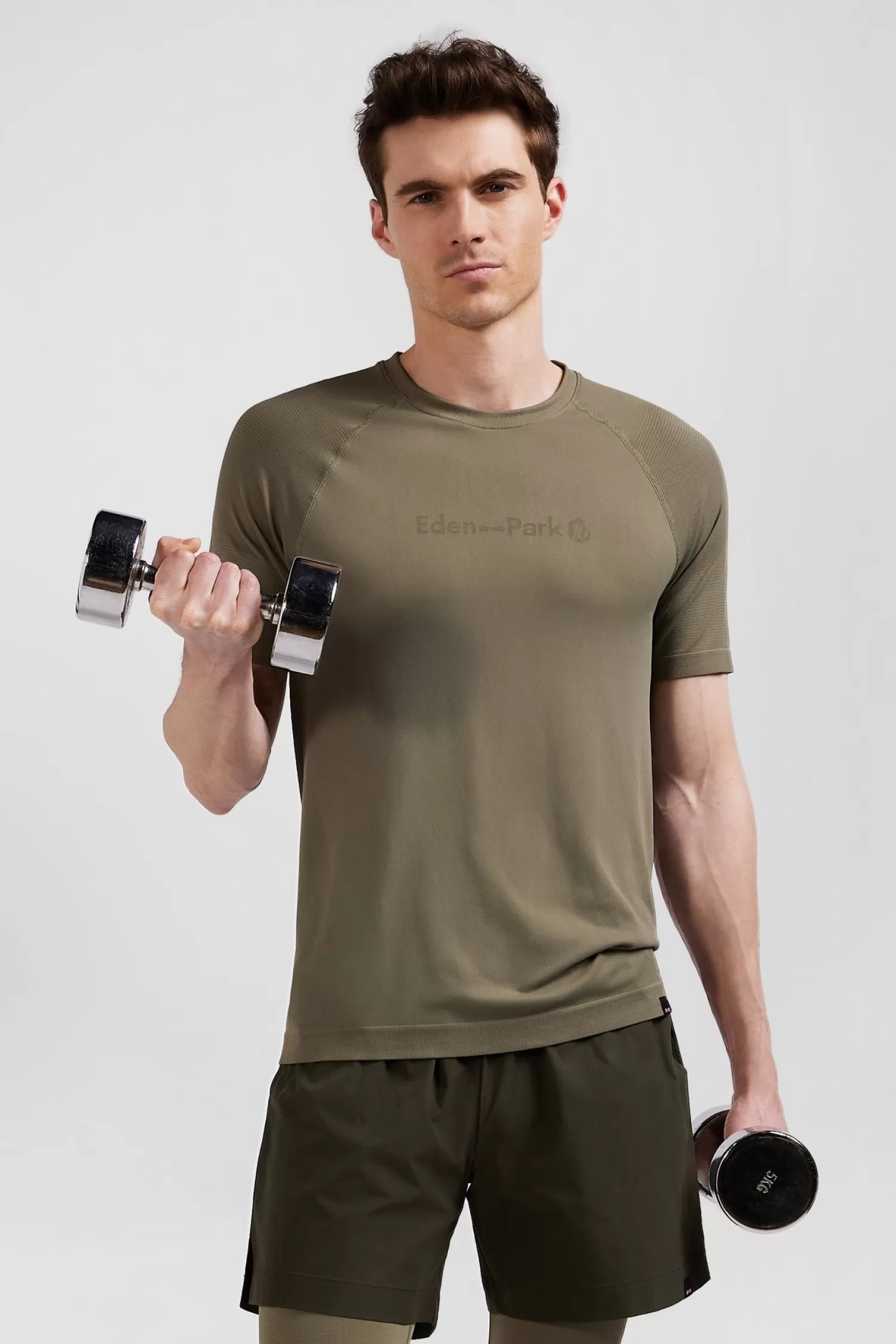 Eden Park Khaki green short-sleeved sports T-shirt with striped details< T-shirts