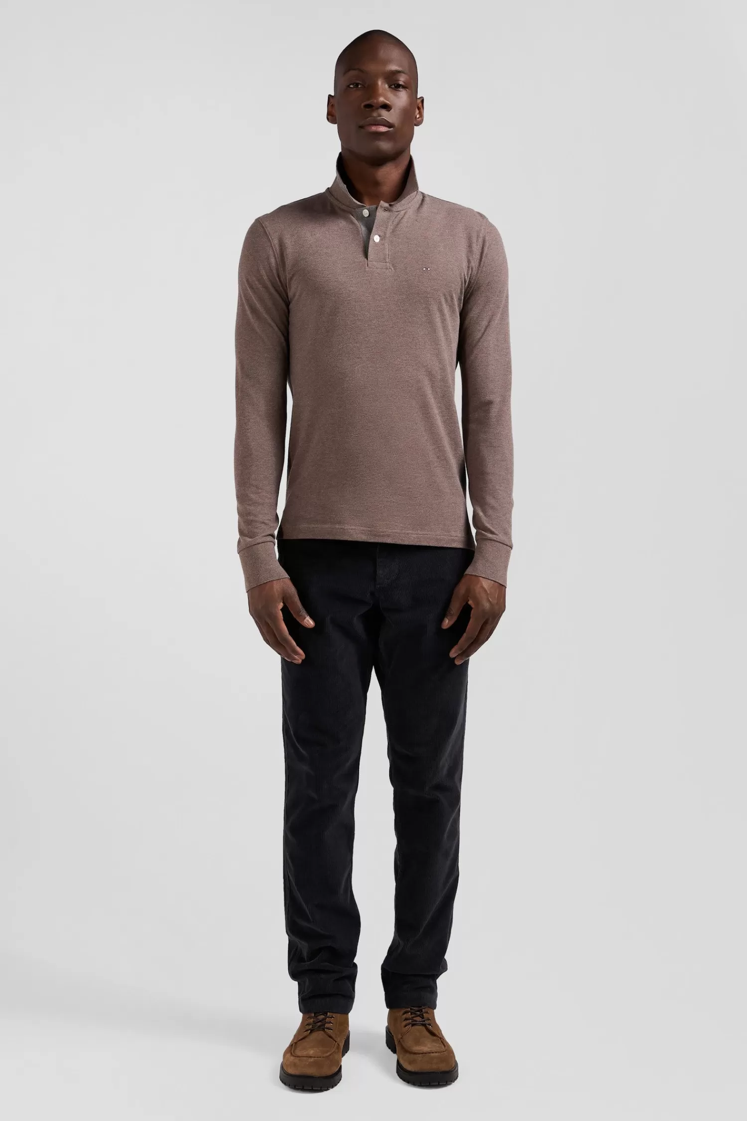 Eden Park Long-sleeved brown cotton piqué polo shirt< Polos