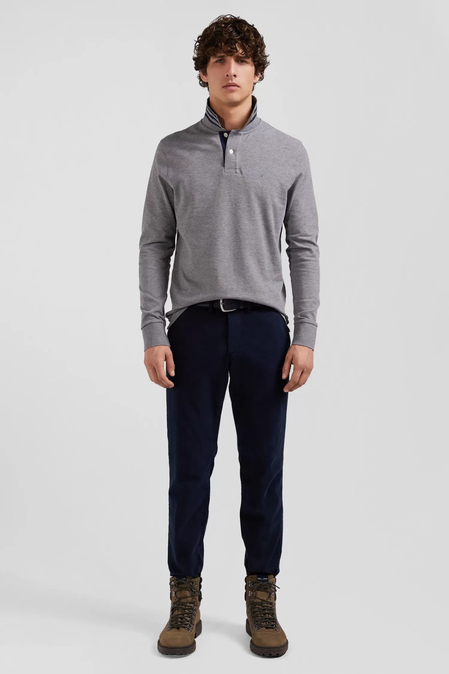 Eden Park Long-sleeved grey cotton piqué polo shirt< Polos