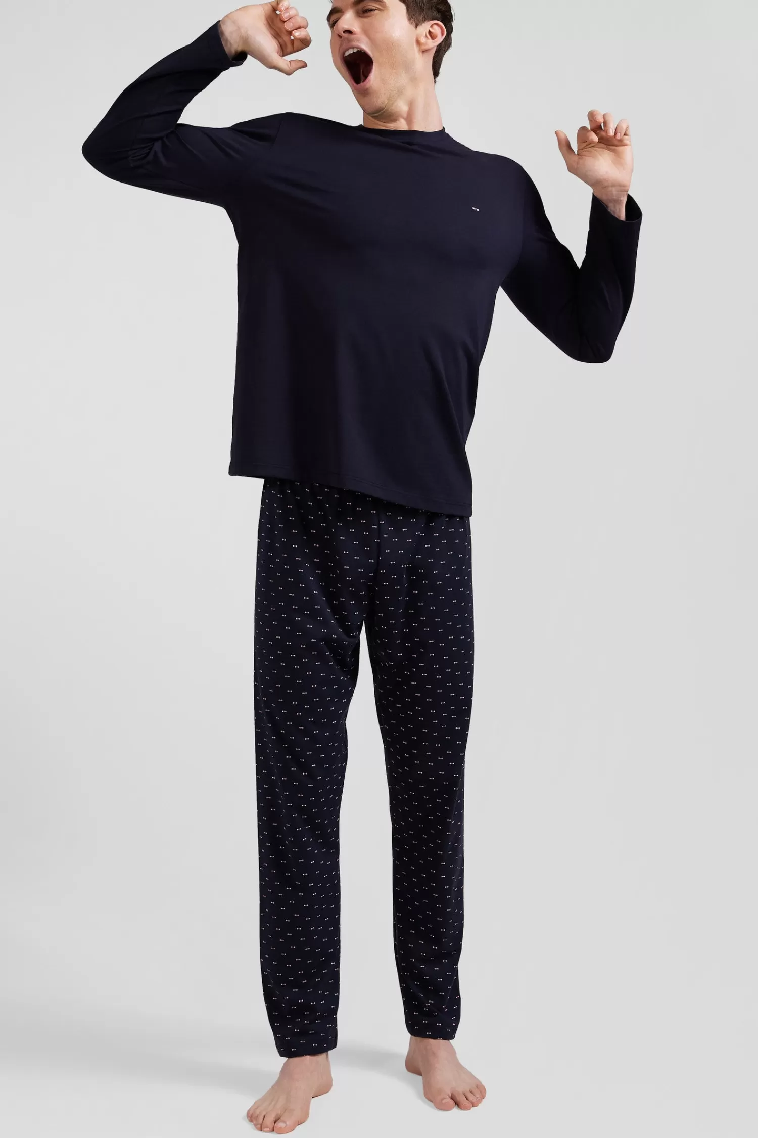 Eden Park Navy blue long cotton pajamas with micro pattern trousers< Pajamas