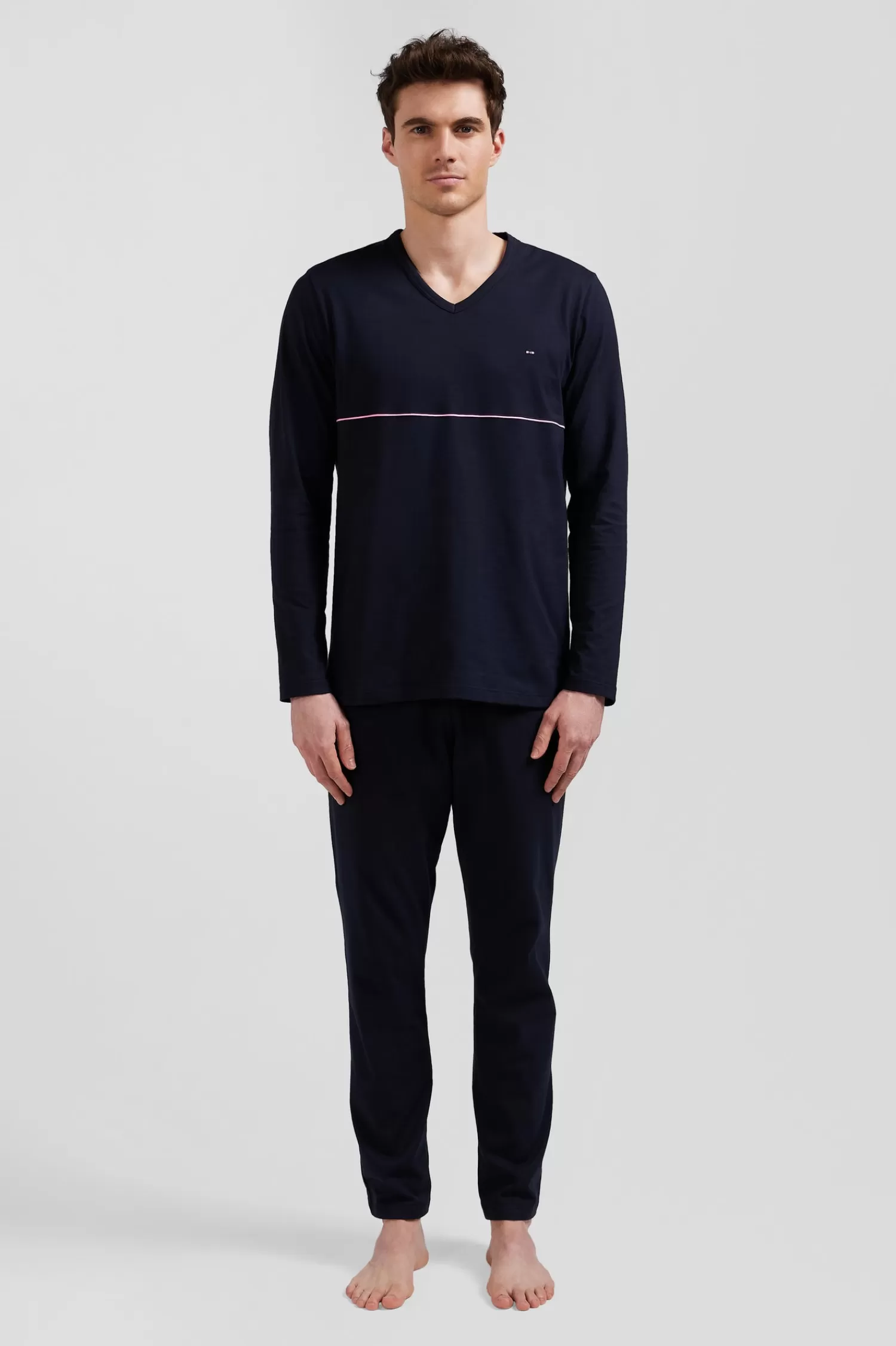 Eden Park Navy blue long cotton pajamas with white piping< Pajamas