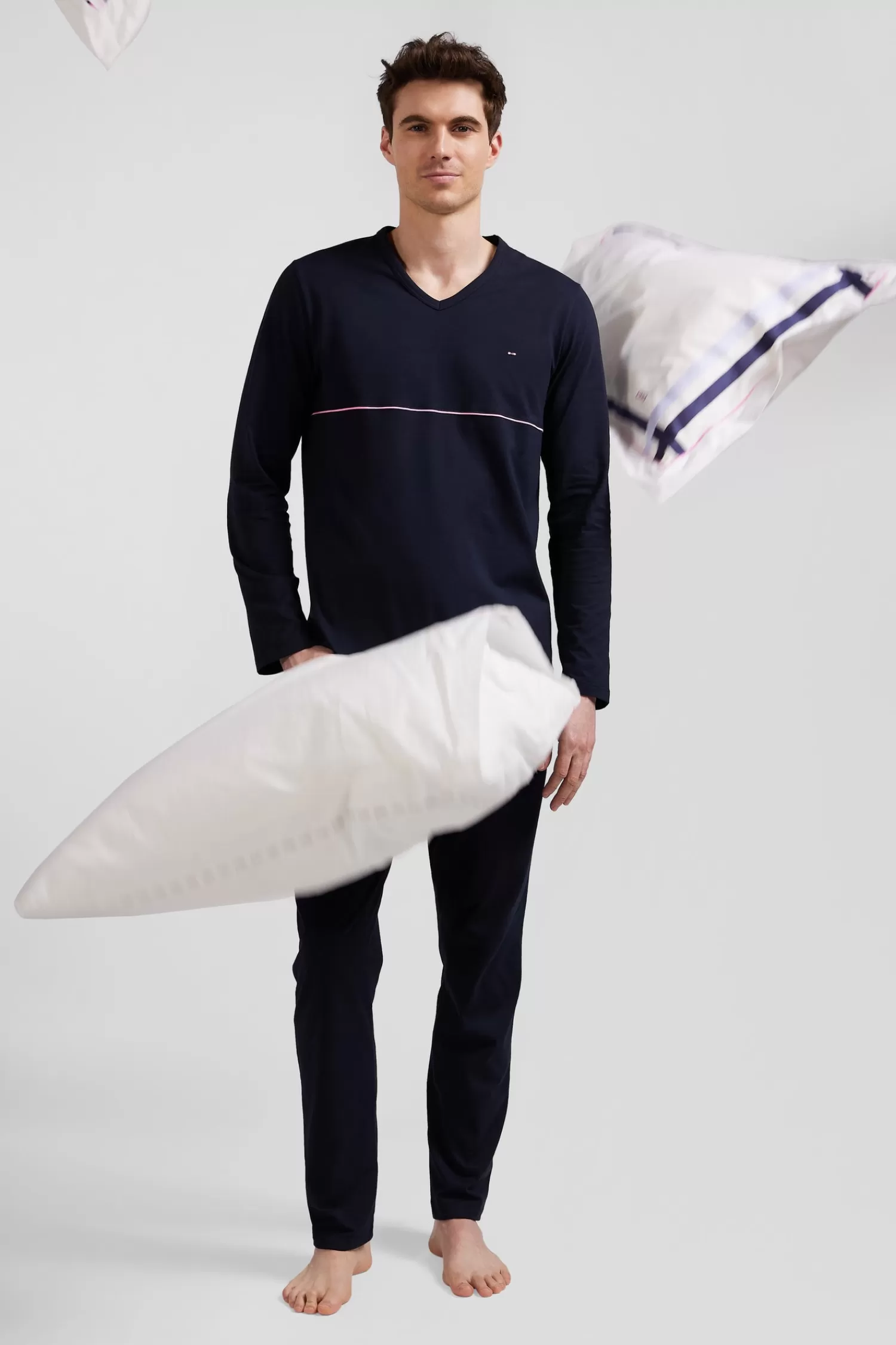 Eden Park Navy blue long cotton pajamas with white piping< Pajamas