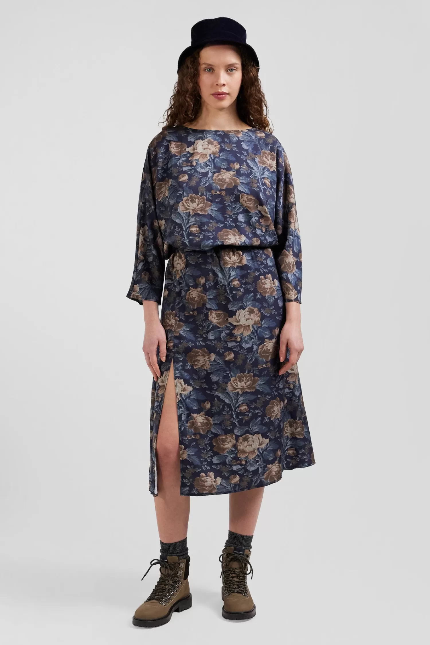 Eden Park Navy blue lyocell floral dress with long sleeves<Women Dresses And Skirts
