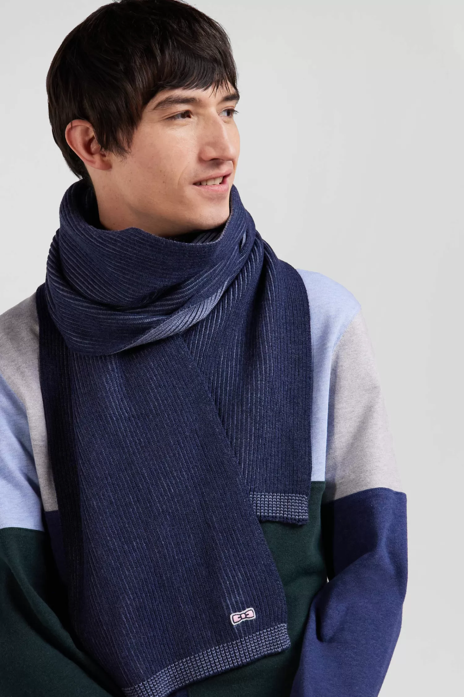 Eden Park Navy blue striped wool and cotton scarf< Scarves And Wraps