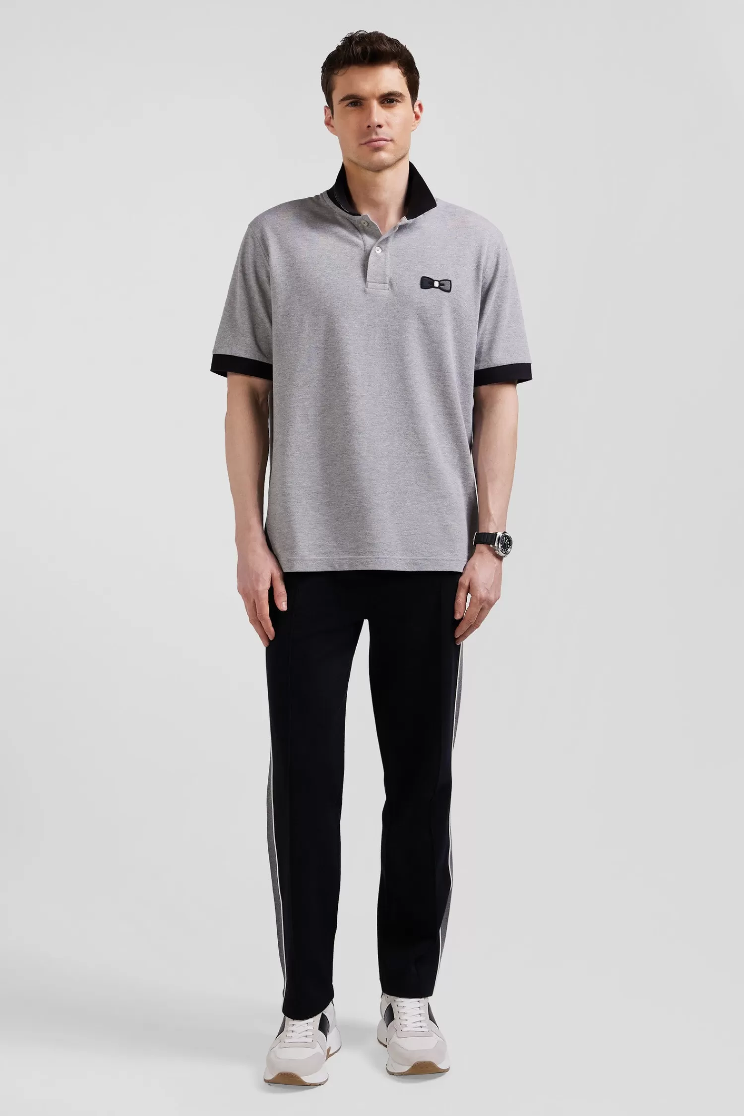 Eden Park Oversize black short-sleeved cotton piqué polo shirt with tricolor details< Polos
