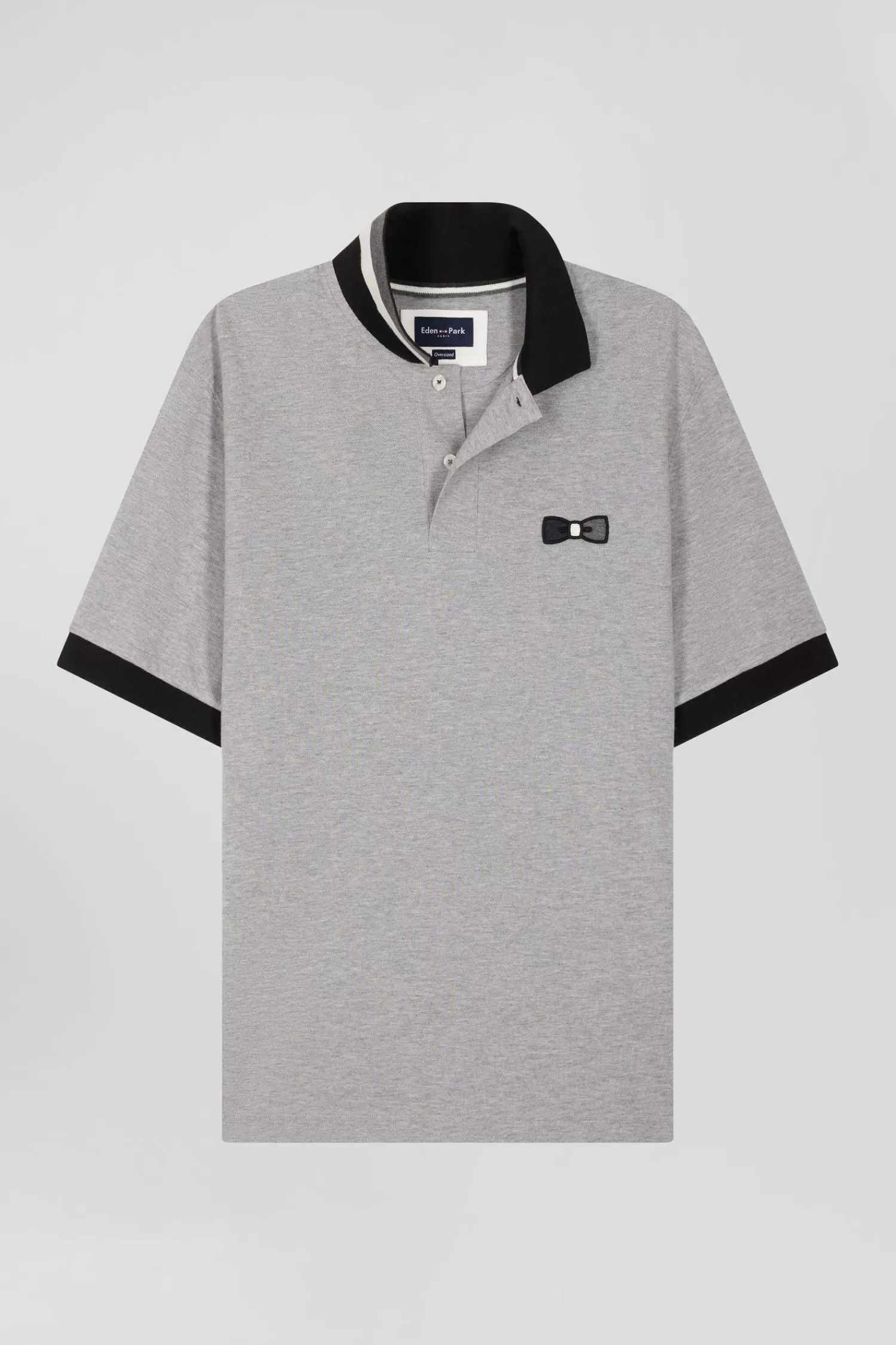 Eden Park Oversize black short-sleeved cotton piqué polo shirt with tricolor details< Polos
