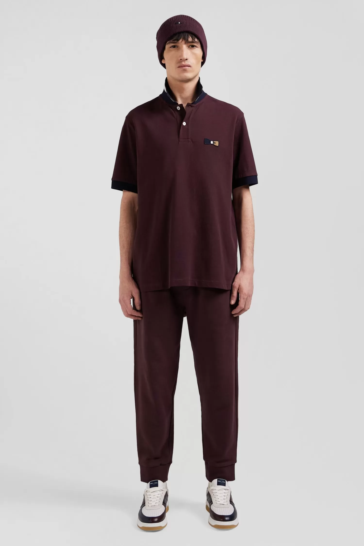 Eden Park Oversize burgundy short-sleeved cotton piqué polo shirt with tricolor details< Polos