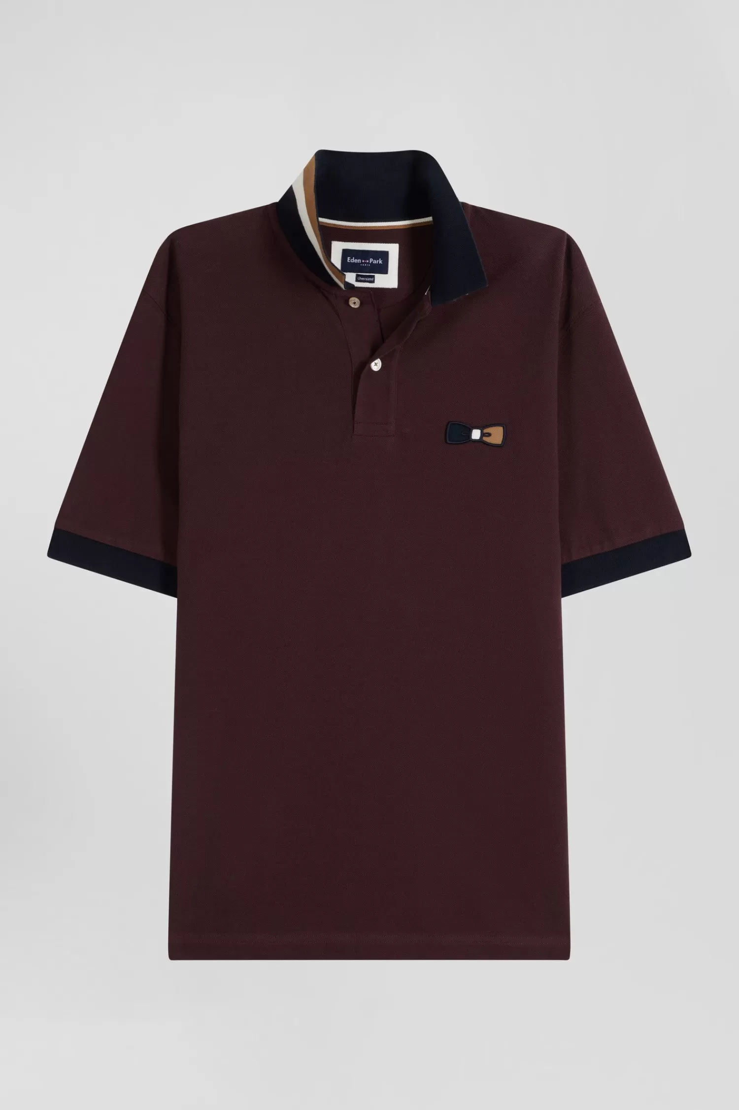 Eden Park Oversize burgundy short-sleeved cotton piqué polo shirt with tricolor details< Polos