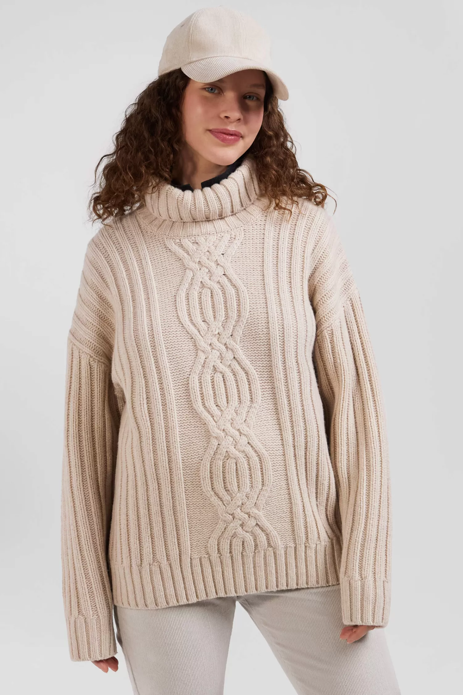 Eden Park Oversize ivory wool blend high neck jumper with bow effect<Women Sweaters