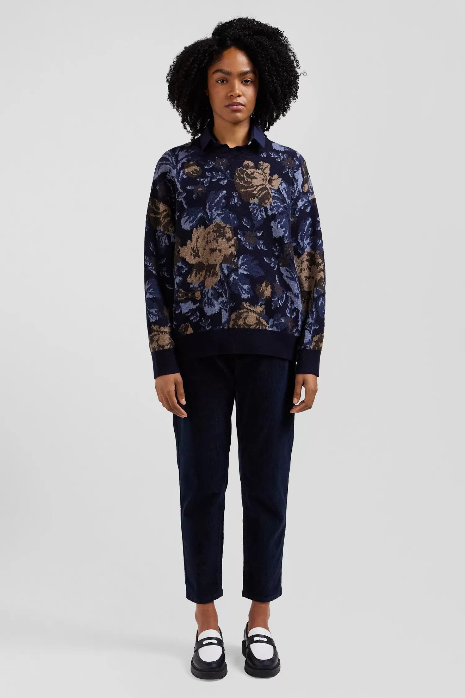 Eden Park Oversize navy wool and cotton crew neck jumper with floral patterns<Women Sweaters