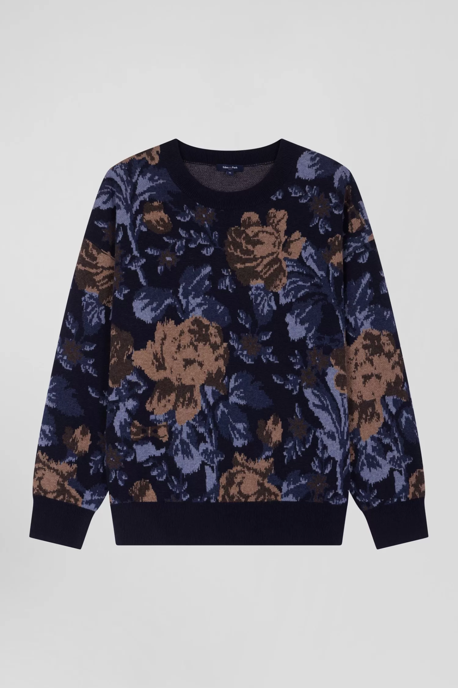 Eden Park Oversize navy wool and cotton crew neck jumper with floral patterns<Women Sweaters