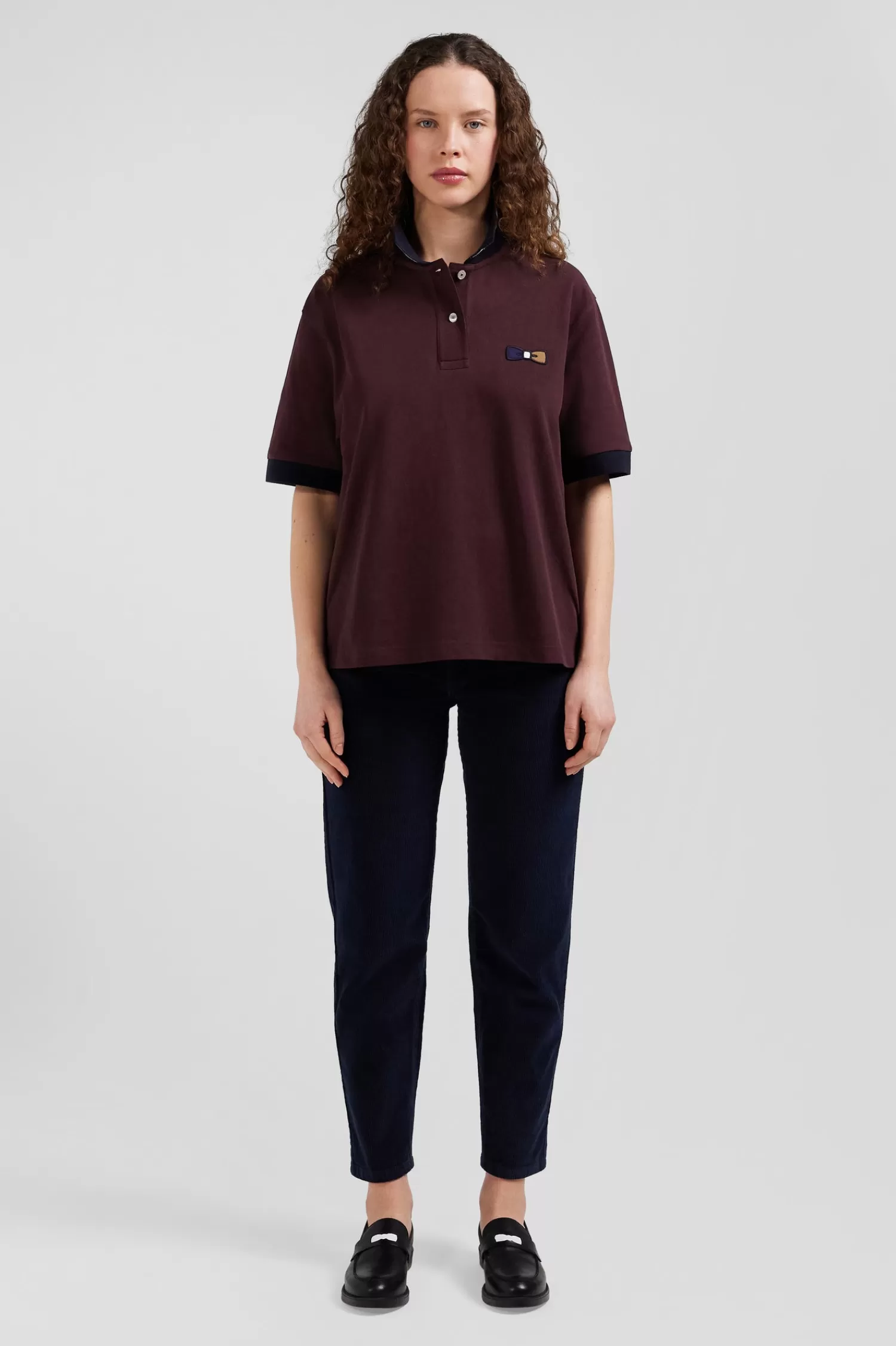 Eden Park Oversized burgundy short-sleeved cotton piqué polo shirt with tricolour collar<Women Polos | Polos