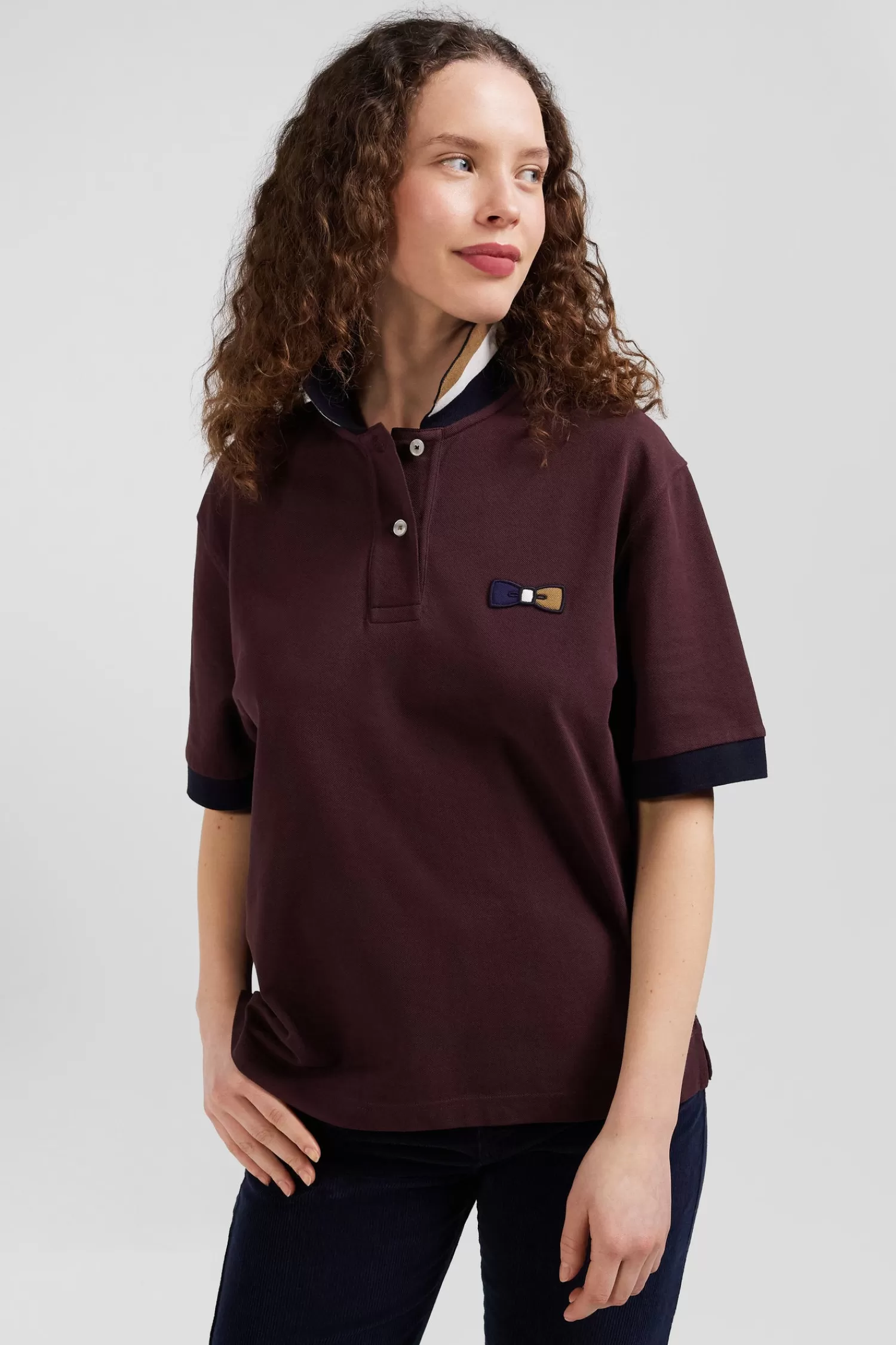 oversized_burgundy_shortsleeved_cotton_piqu_polo_shirt_with_tricolour_collar_2.webp Eden Park Oversized burgundy short-sleeved cotton piqué polo shirt with tricolour collar<Women Polos | Polos