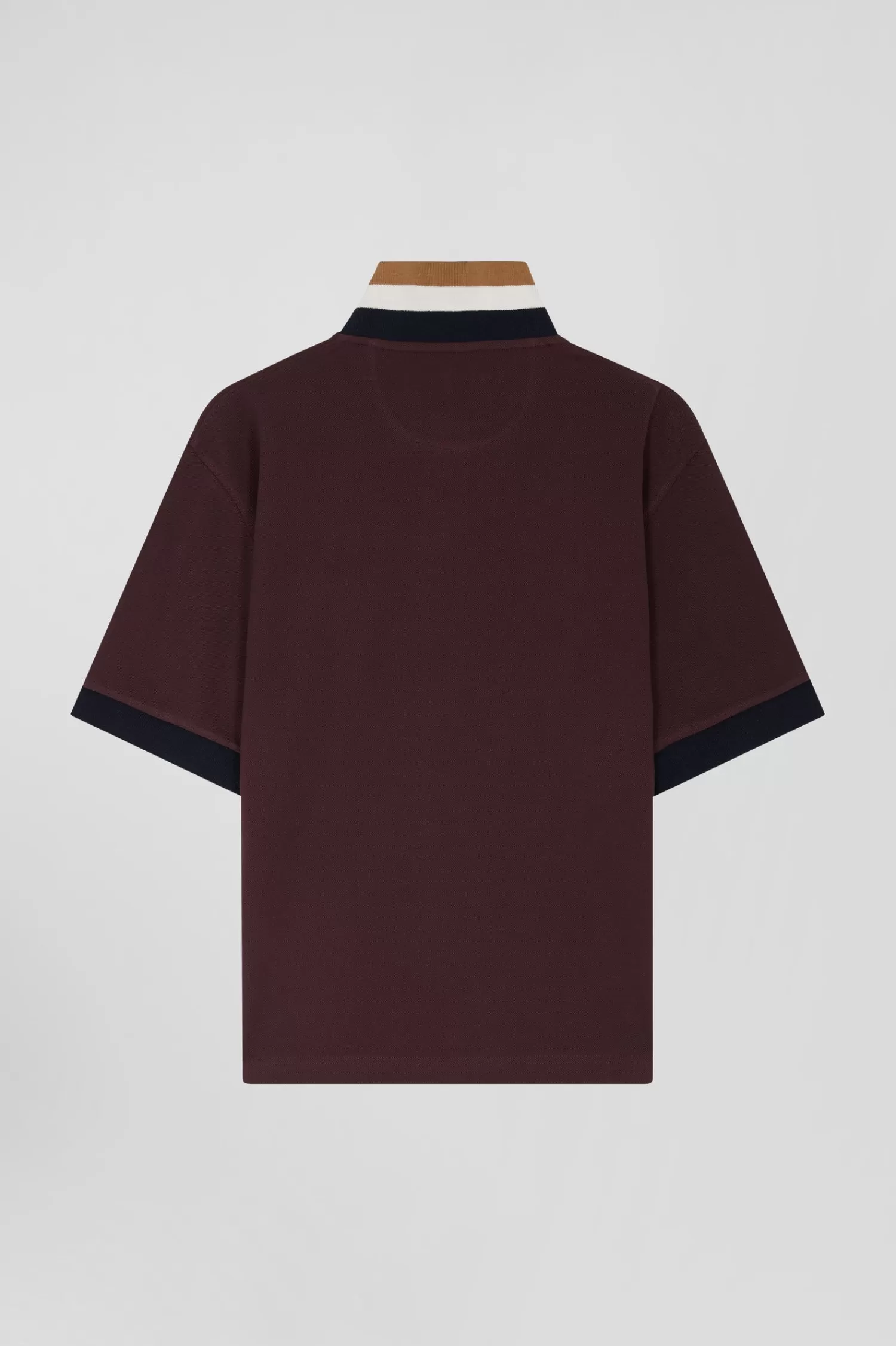 oversized_burgundy_shortsleeved_cotton_piqu_polo_shirt_with_tricolour_collar_3.webp Eden Park Oversized burgundy short-sleeved cotton piqué polo shirt with tricolour collar<Women Polos | Polos