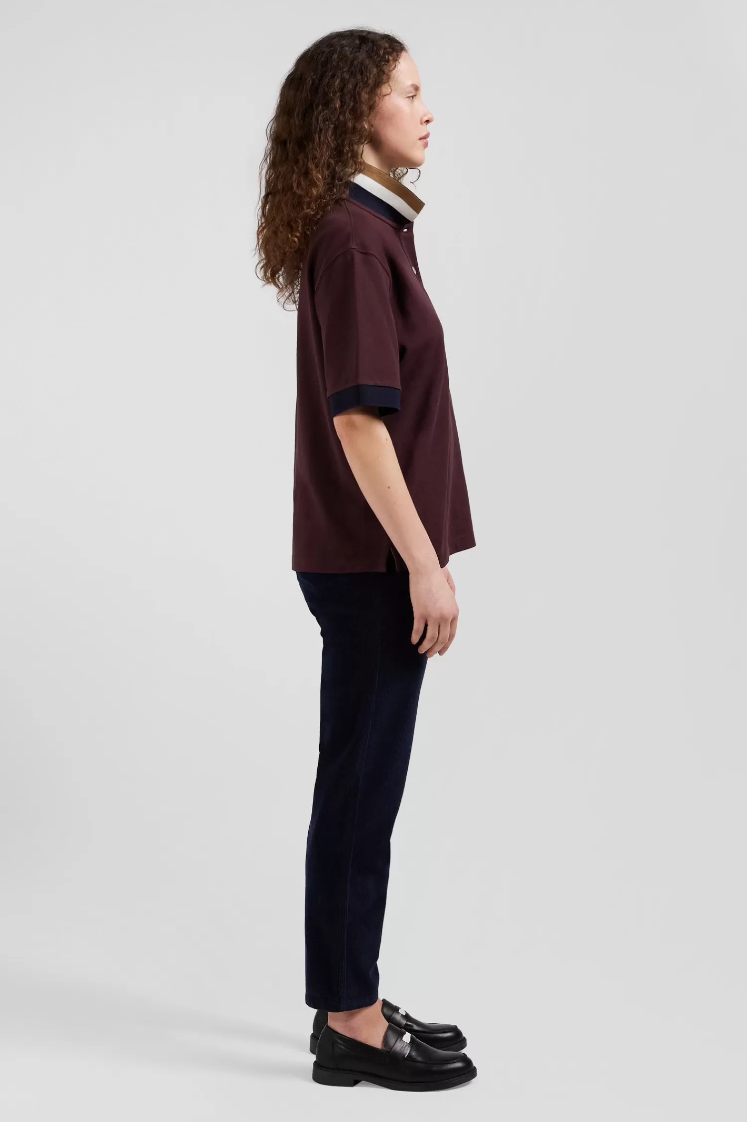 oversized_burgundy_shortsleeved_cotton_piqu_polo_shirt_with_tricolour_collar_4.webp Eden Park Oversized burgundy short-sleeved cotton piqué polo shirt with tricolour collar<Women Polos | Polos