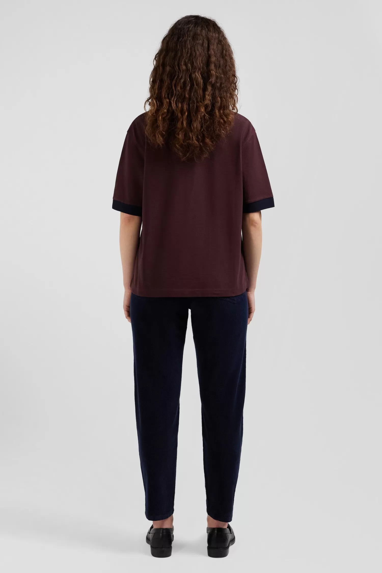 oversized_burgundy_shortsleeved_cotton_piqu_polo_shirt_with_tricolour_collar_5.webp Eden Park Oversized burgundy short-sleeved cotton piqué polo shirt with tricolour collar<Women Polos | Polos