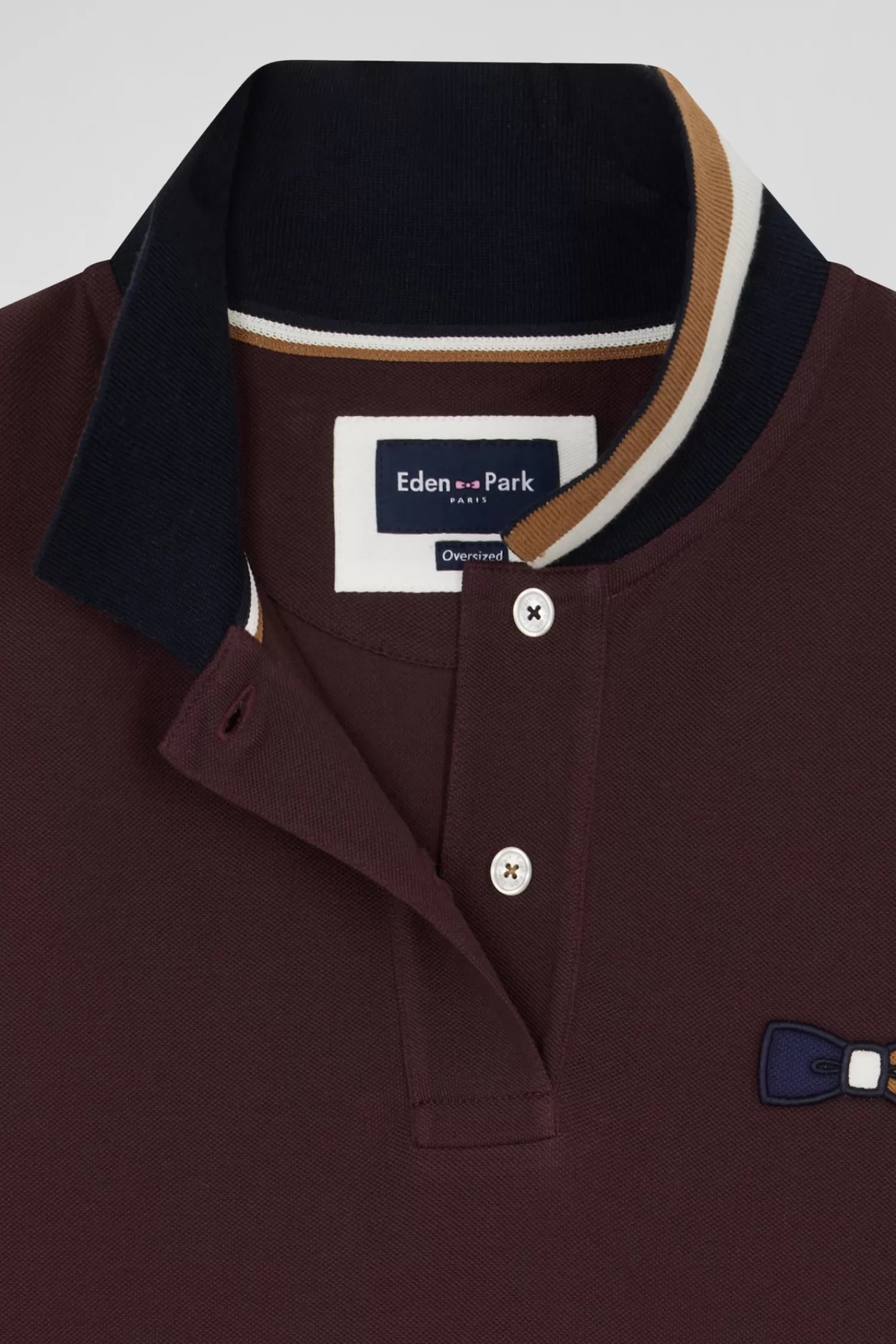 oversized_burgundy_shortsleeved_cotton_piqu_polo_shirt_with_tricolour_collar_6.webp Eden Park Oversized burgundy short-sleeved cotton piqué polo shirt with tricolour collar<Women Polos | Polos