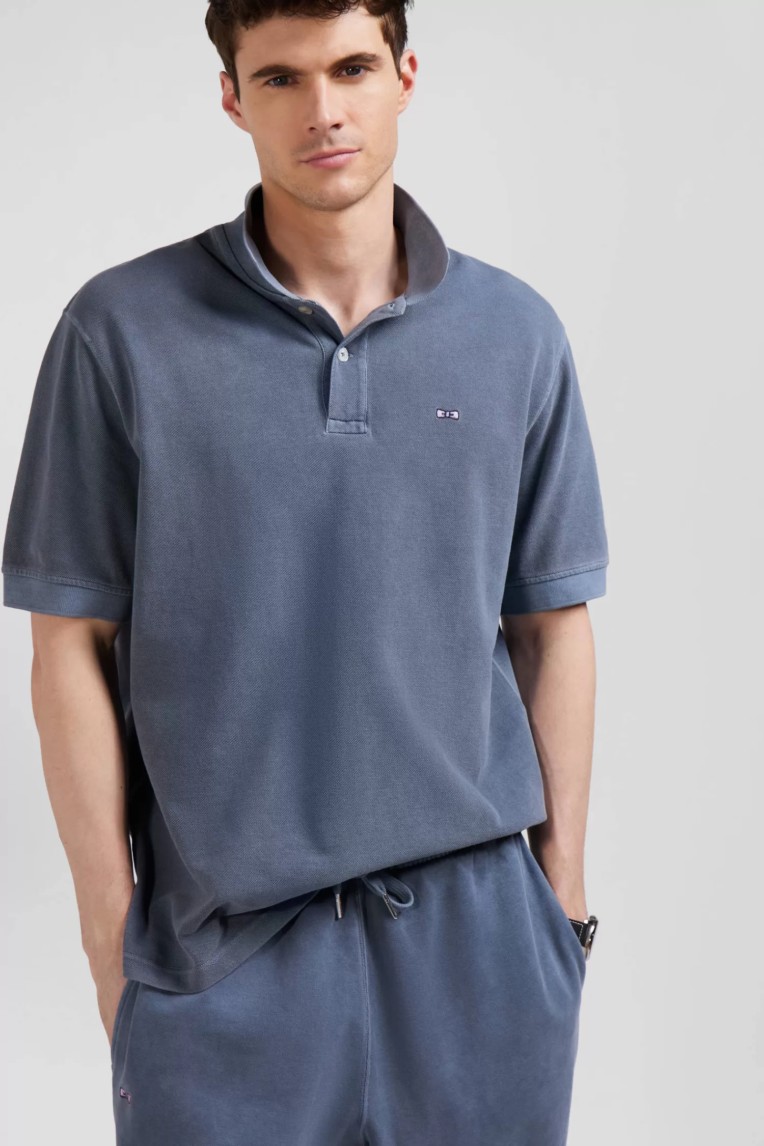 oversized_grey_unisex_shortsleeved_cotton_piqu_polo_shirt_3.webp Eden Park Oversized grey unisex short-sleeved cotton piqué polo shirt<Women Polos | Polos