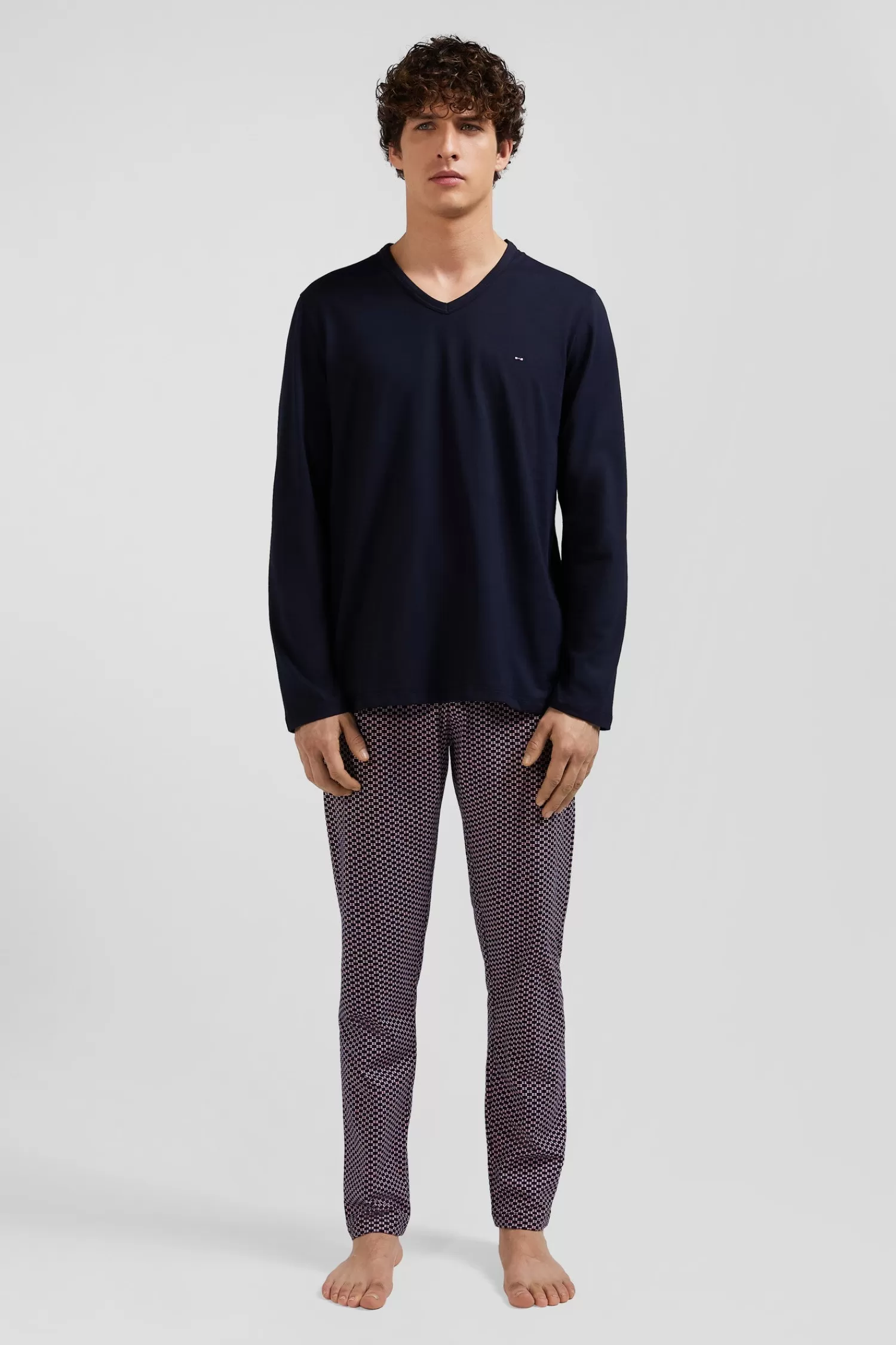 Eden Park Pink long cotton pajamas with bow tie micro pattern trousers< Pajamas