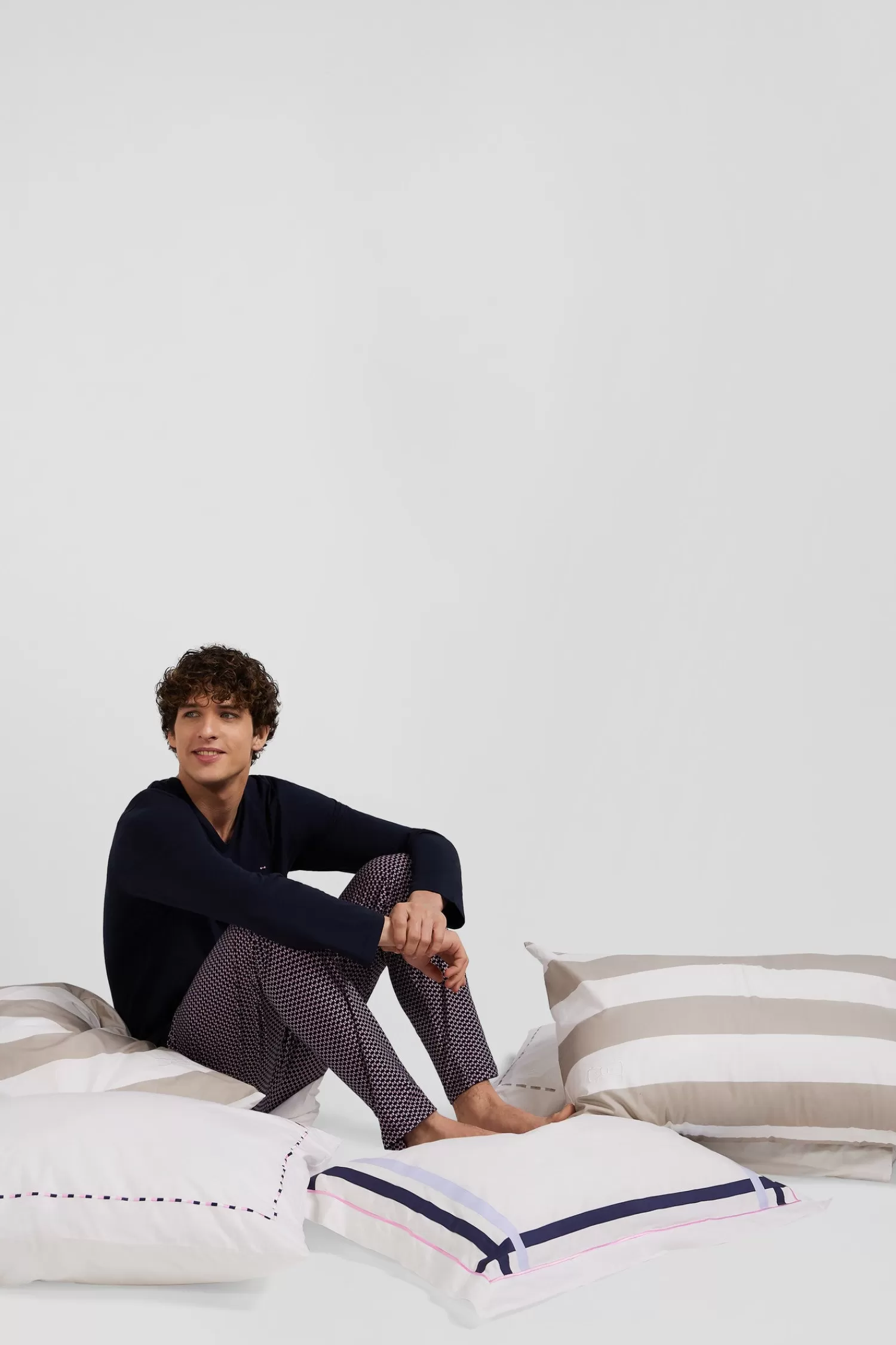 Eden Park Pink long cotton pajamas with bow tie micro pattern trousers< Pajamas