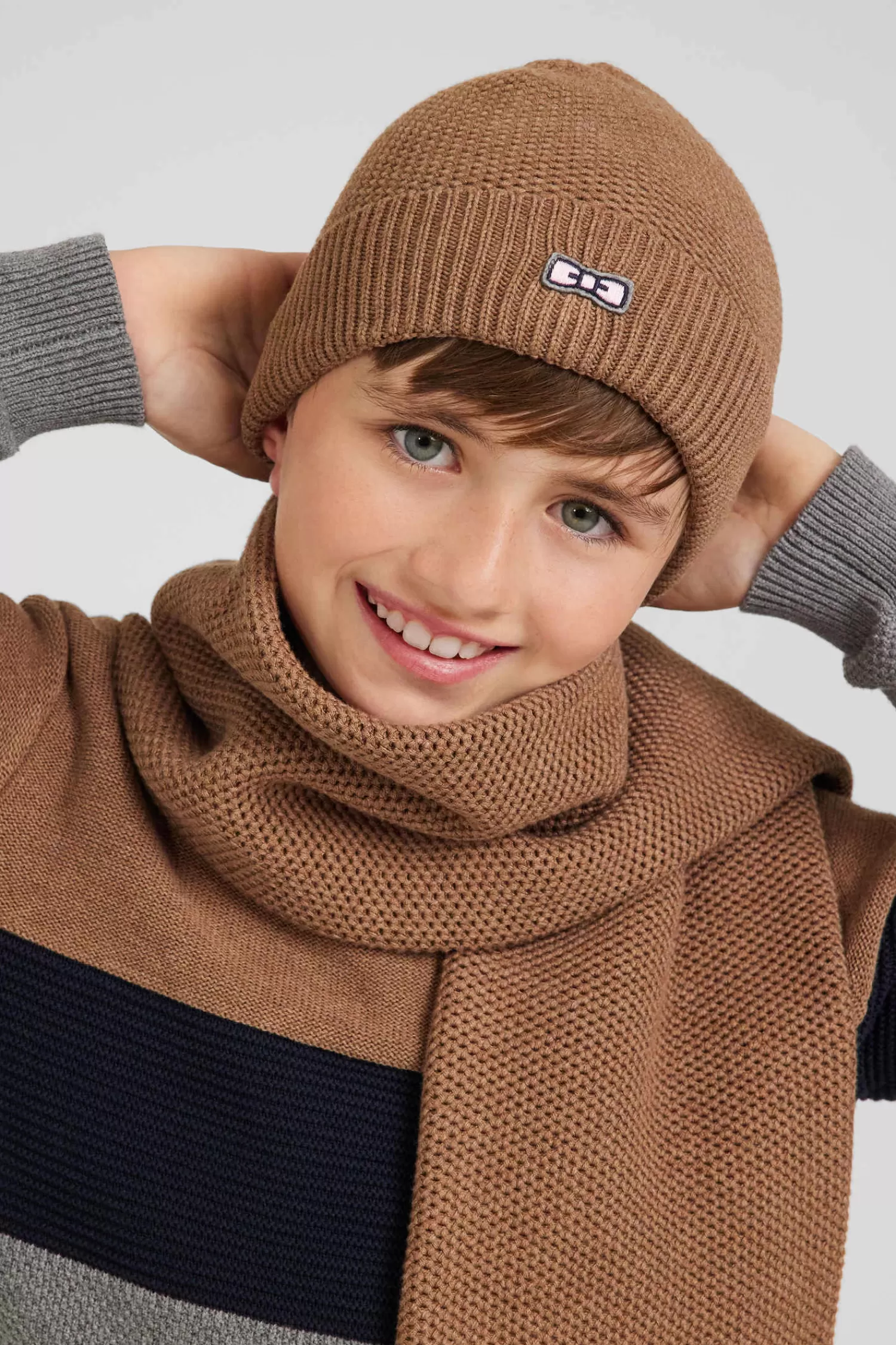 Eden Park Plain camel cotton beanie with bow tie embroidery<Kids Kids