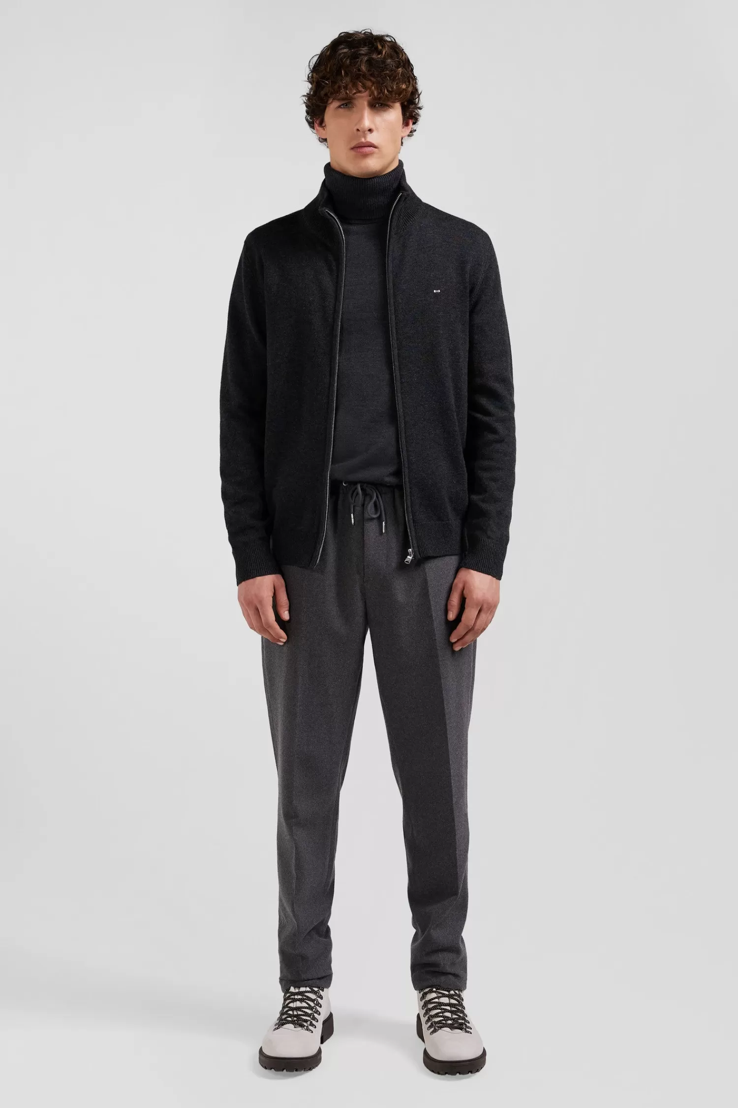 Eden Park Regular anthracite grey plain wool and cotton zipped cardigan< Cardigans