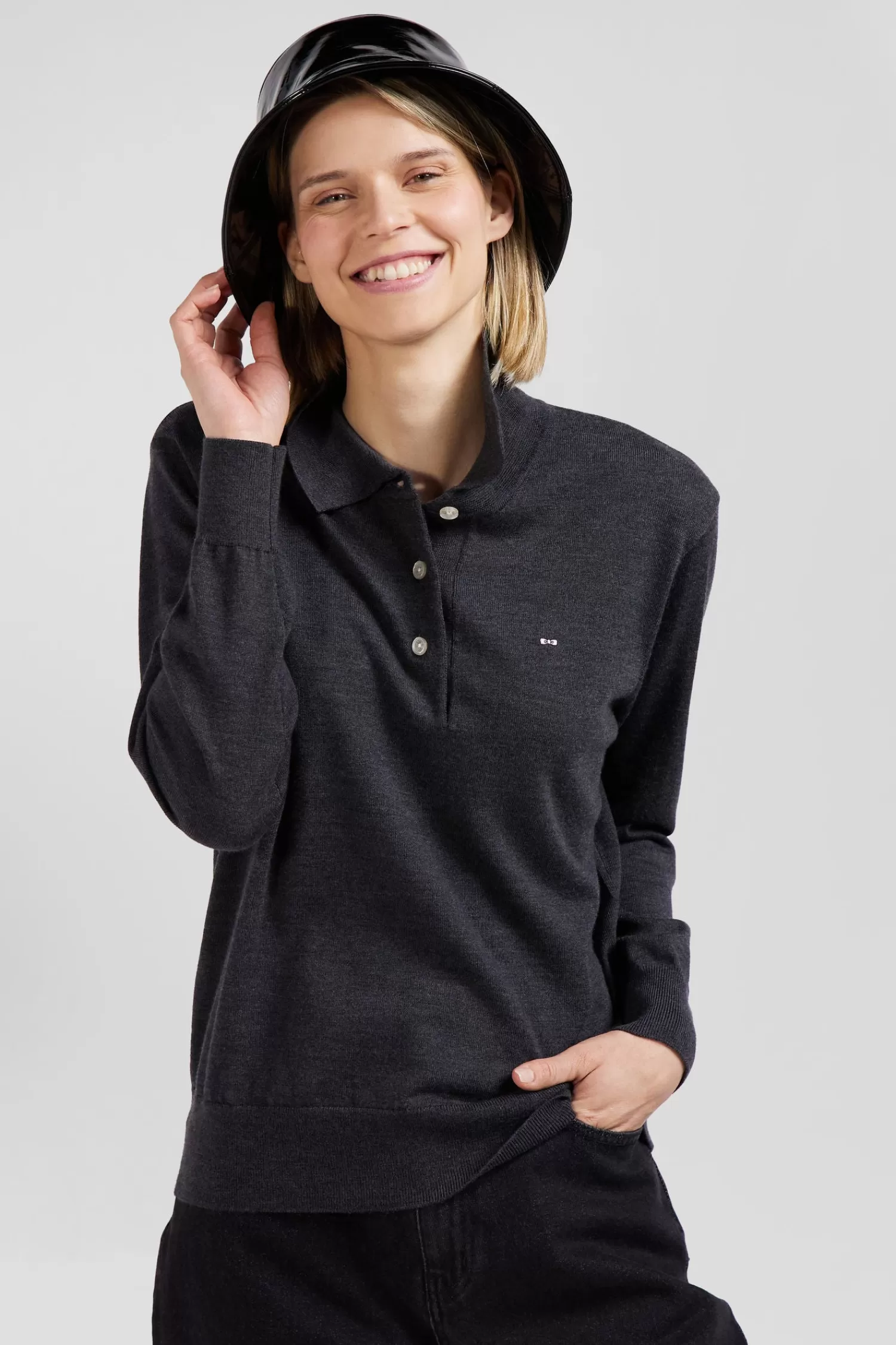 regular_anthracite_grey_womens_wool_jumper_with_rugby_shirt_collar_2.webp Eden Park Regular anthracite grey women's wool jumper with rugby shirt collar<Women Sweaters