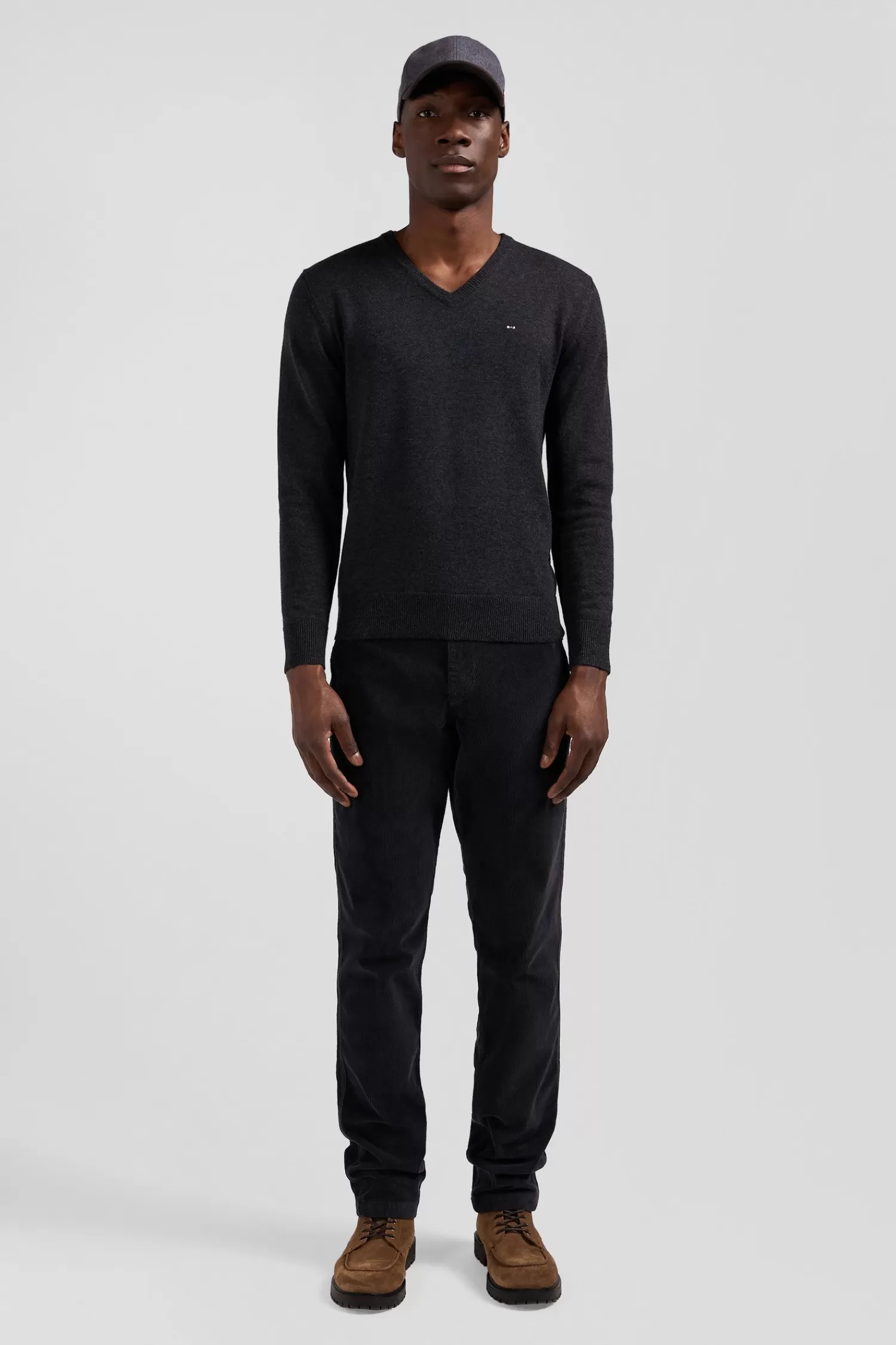 Eden Park Regular anthracite grey wool and cotton V-neck jumper with striped details< Sweaters