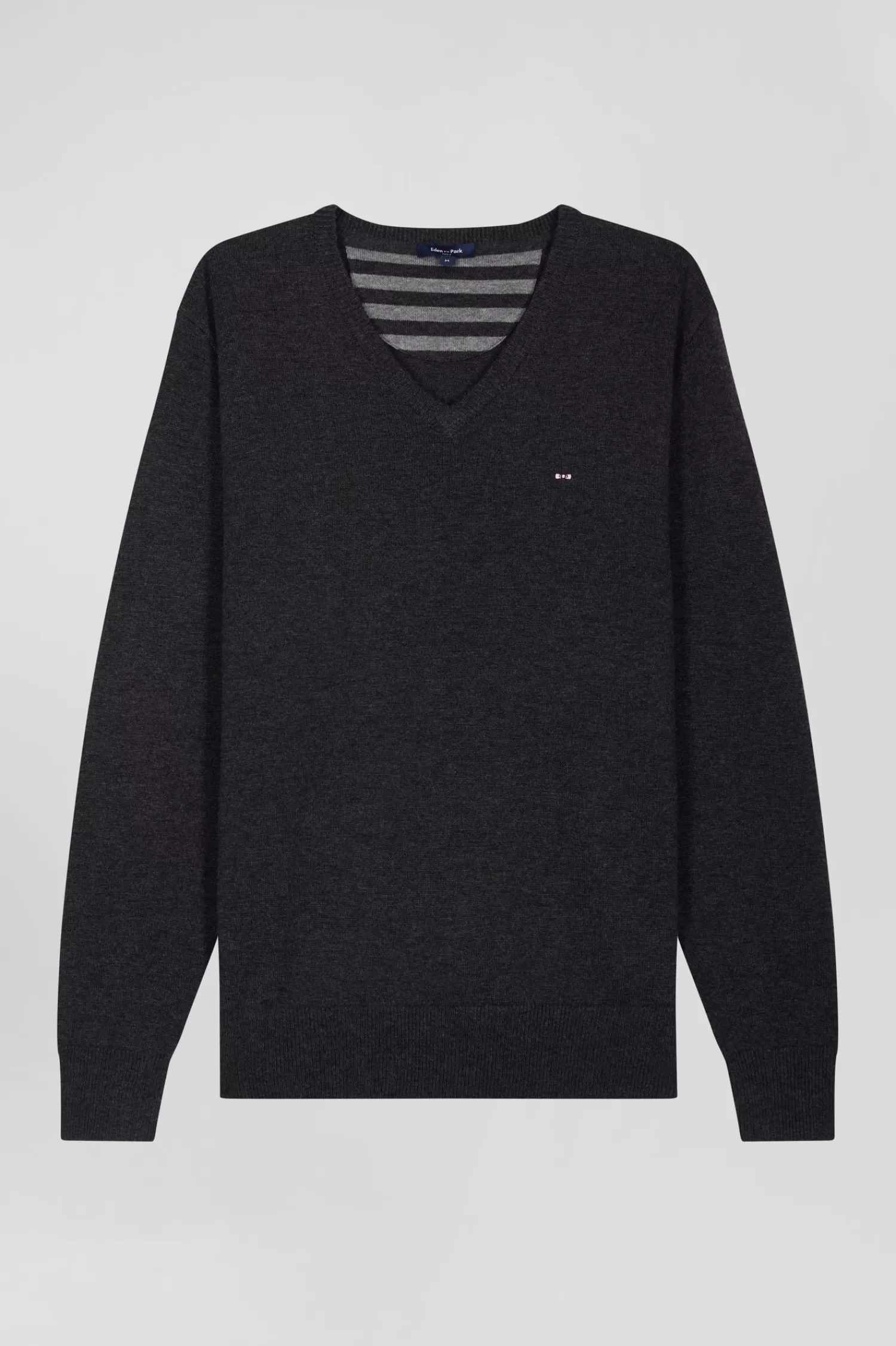 Eden Park Regular anthracite grey wool and cotton V-neck jumper with striped details< Sweaters