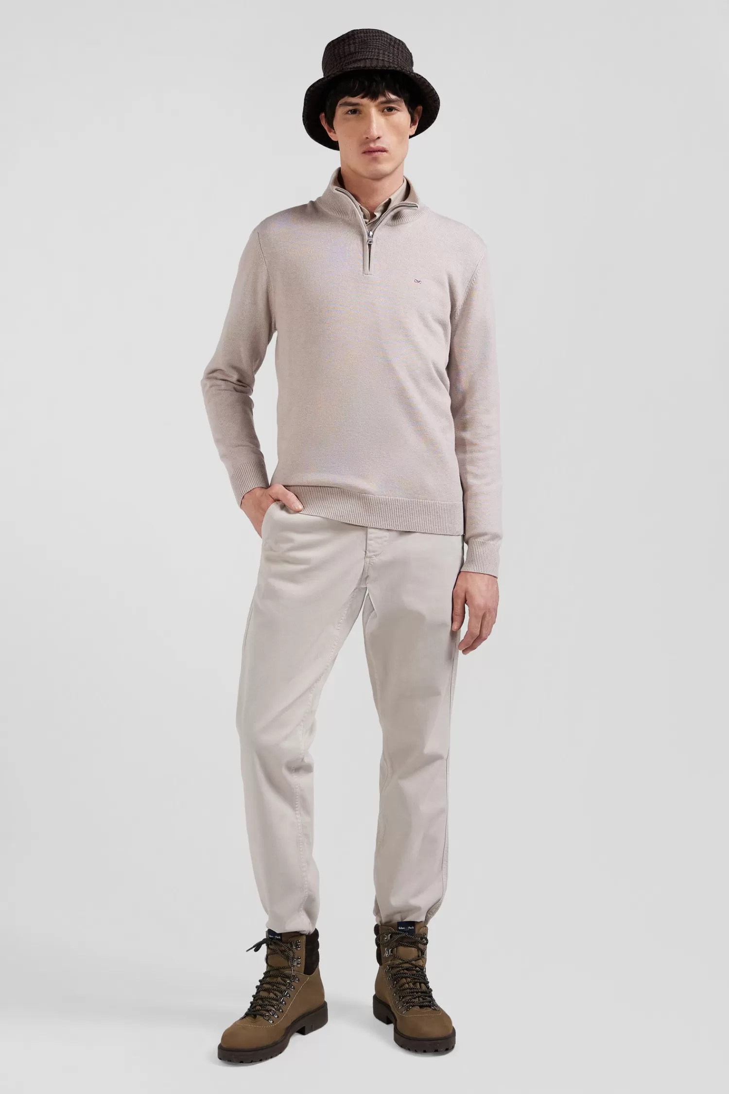 Eden Park Regular beige semi-zipped wool and cotton jumper< Sweaters