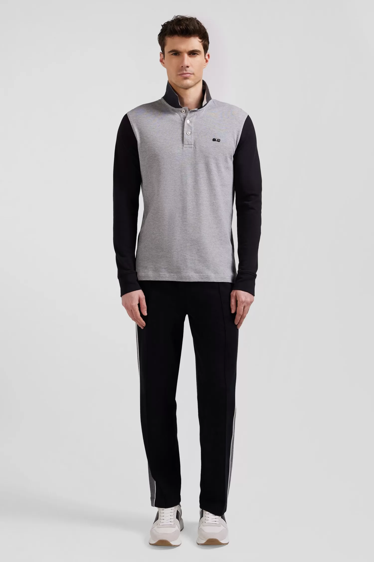 Eden Park Regular black bicolor long-sleeved cotton piqué polo shirt with jacquard collar< Polos