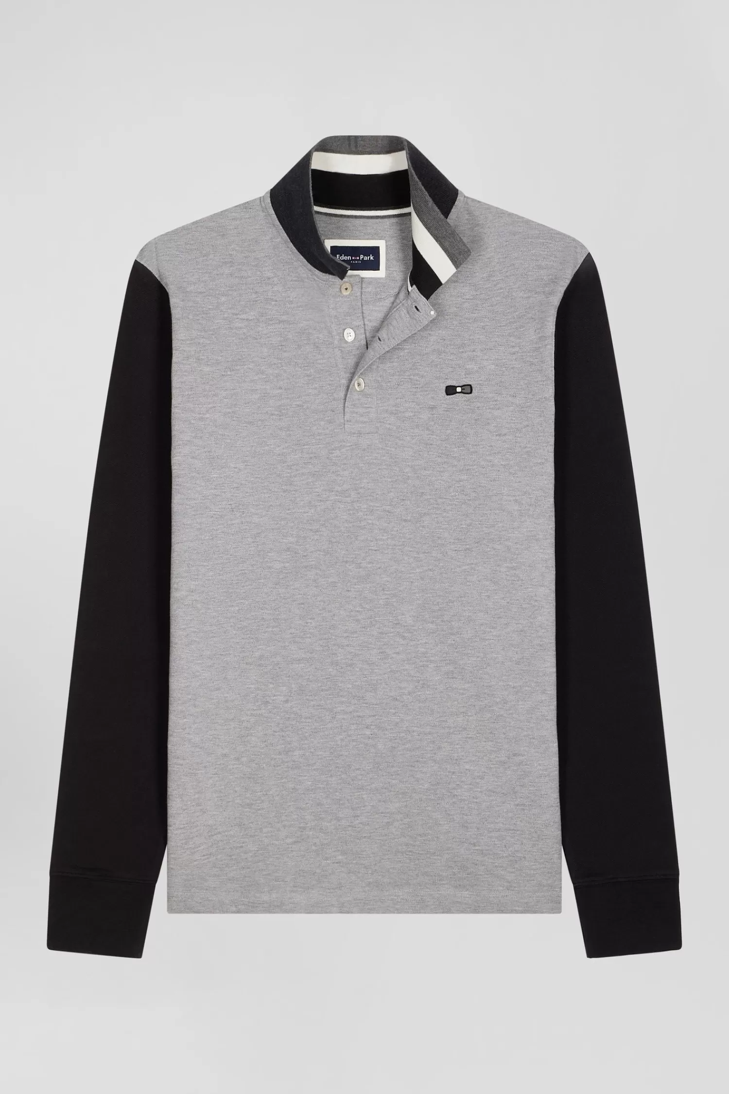 Eden Park Regular black bicolor long-sleeved cotton piqué polo shirt with jacquard collar< Polos