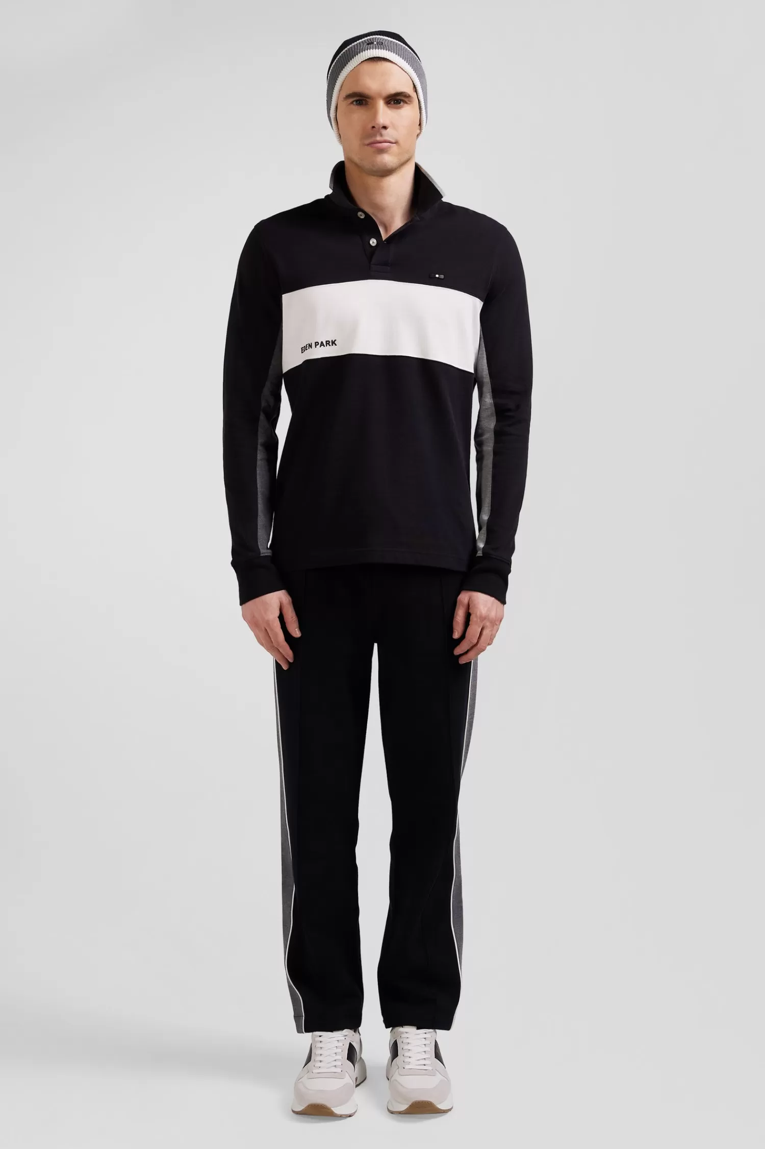 Eden Park Regular black colorblock long-sleeved cotton piqué polo shirt< Polos