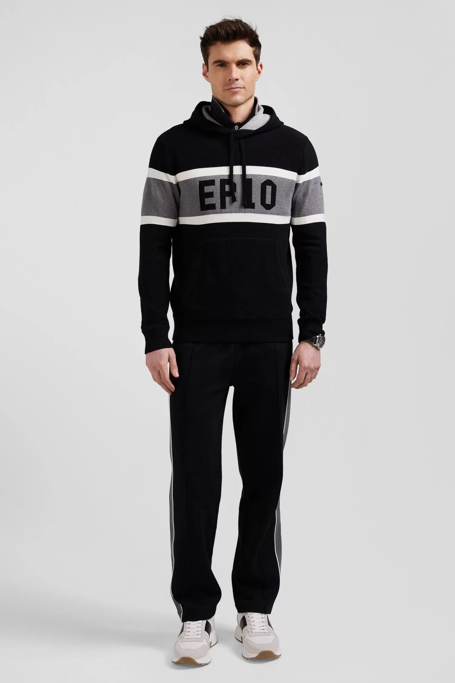 Eden Park Regular black hooded jumper with EP10 jacquard< Sweaters