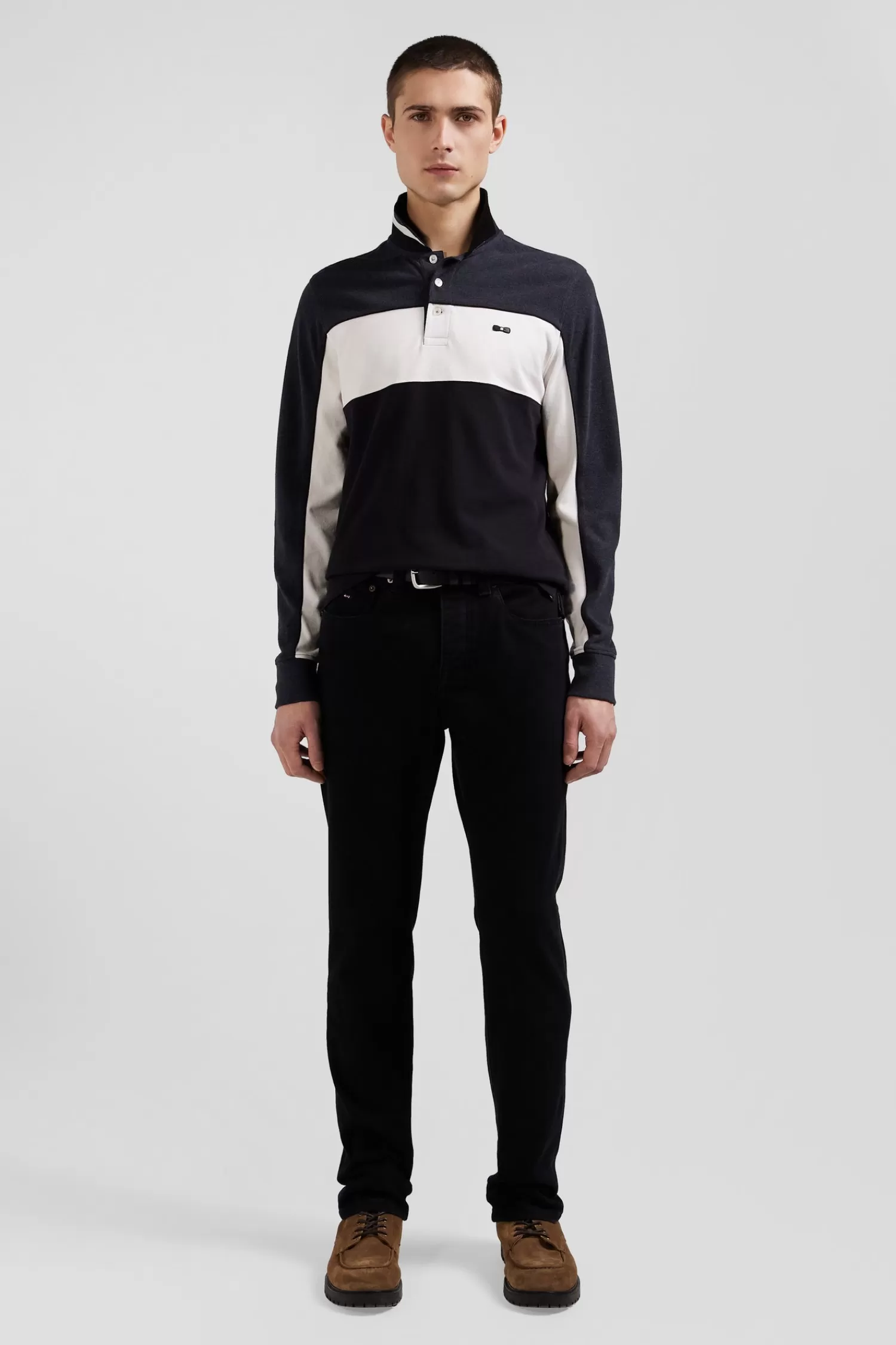 Eden Park Regular black tricolor long-sleeved cotton piqué polo shirt< Polos