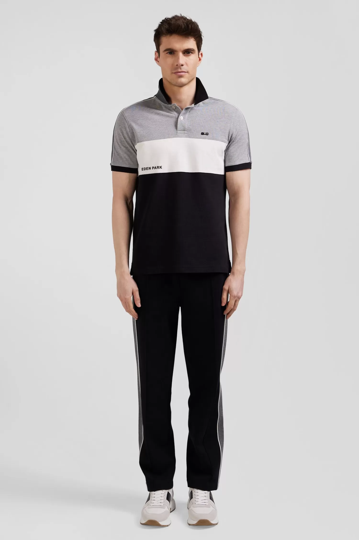 Eden Park Regular black tricolor short-sleeved cotton piqué polo shirt with lettering< Polos