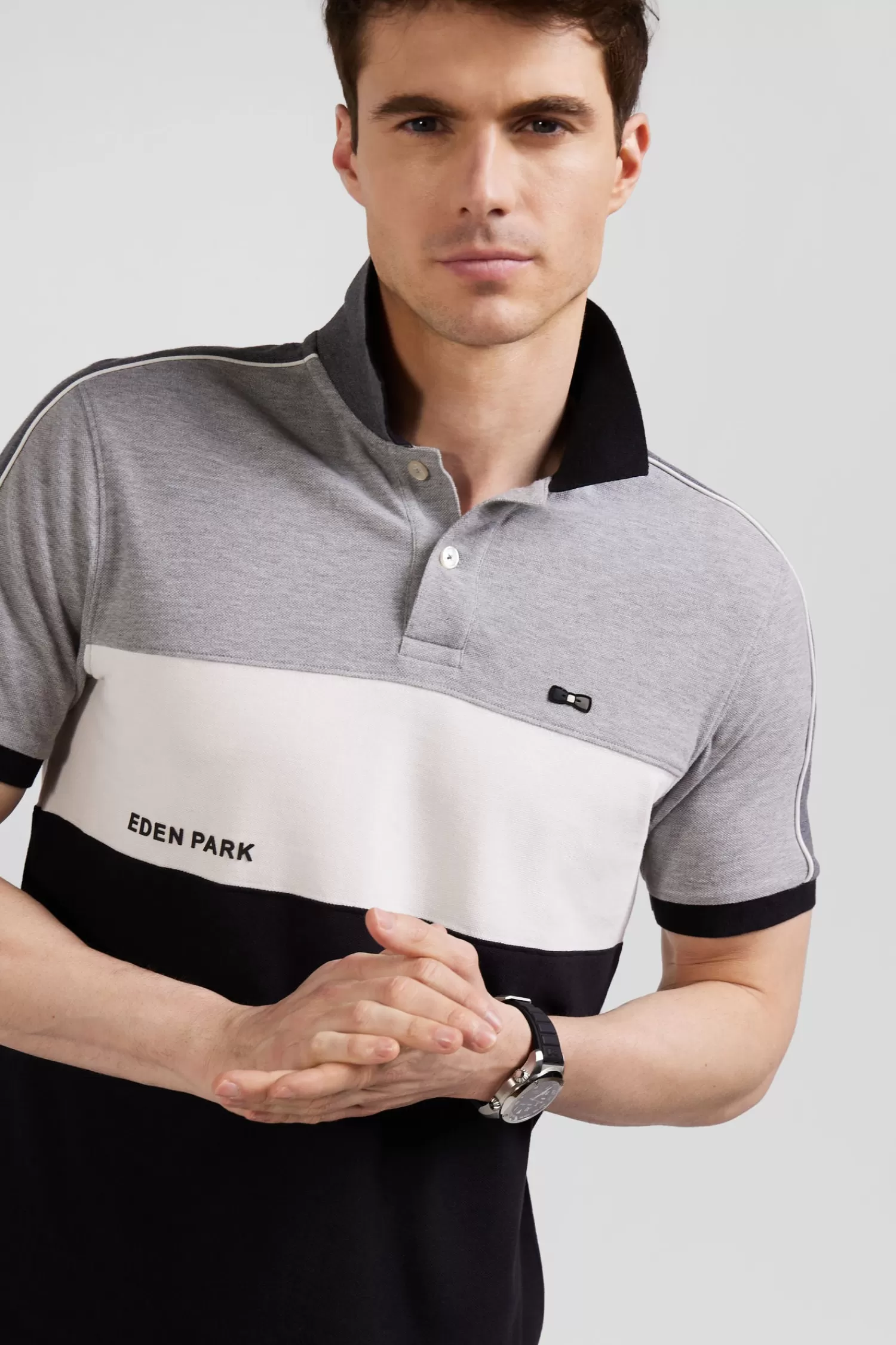 Eden Park Regular black tricolor short-sleeved cotton piqué polo shirt with lettering< Polos