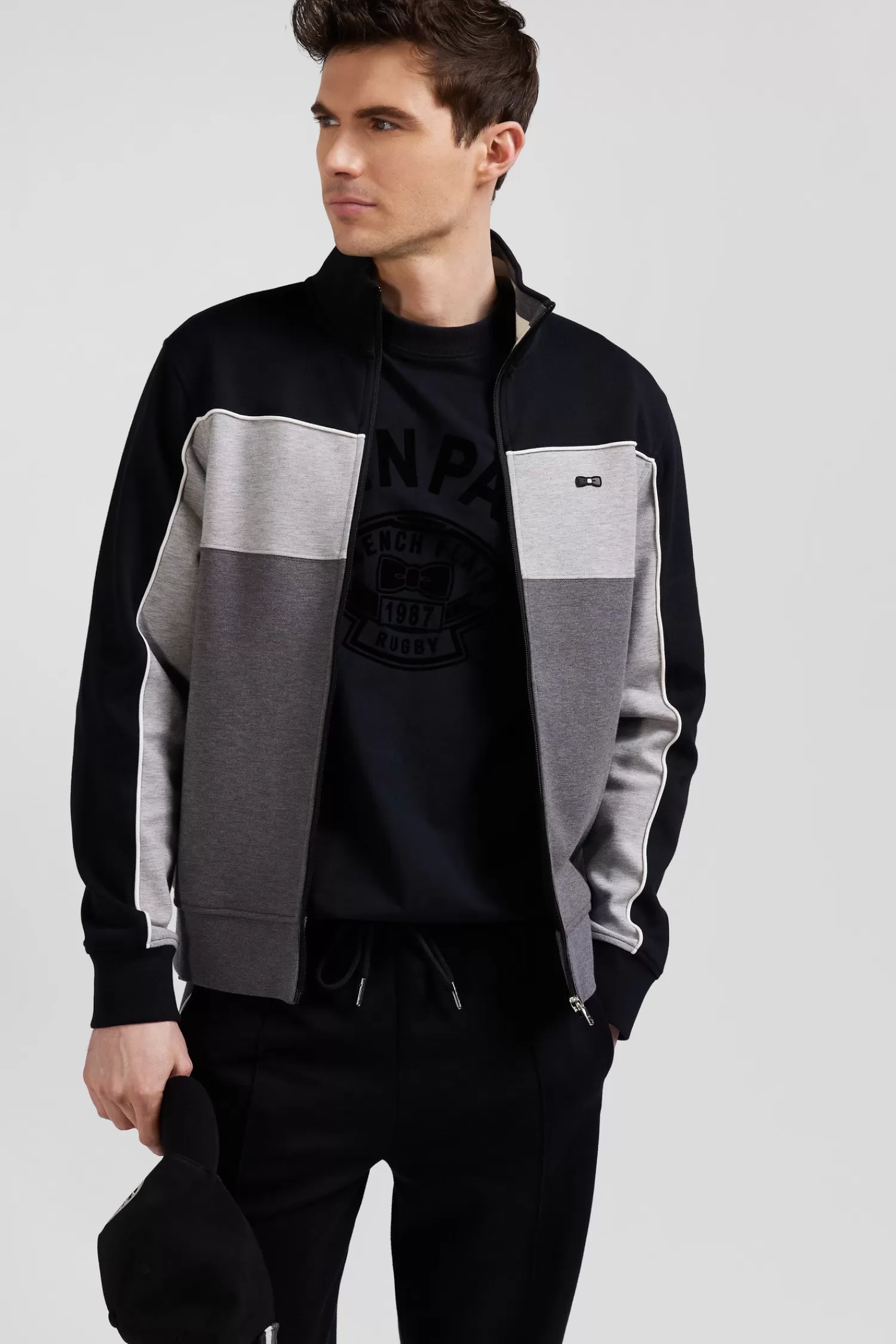 Eden Park Regular black tricolor zipped cotton blend sweatshirt< Sweatshirts