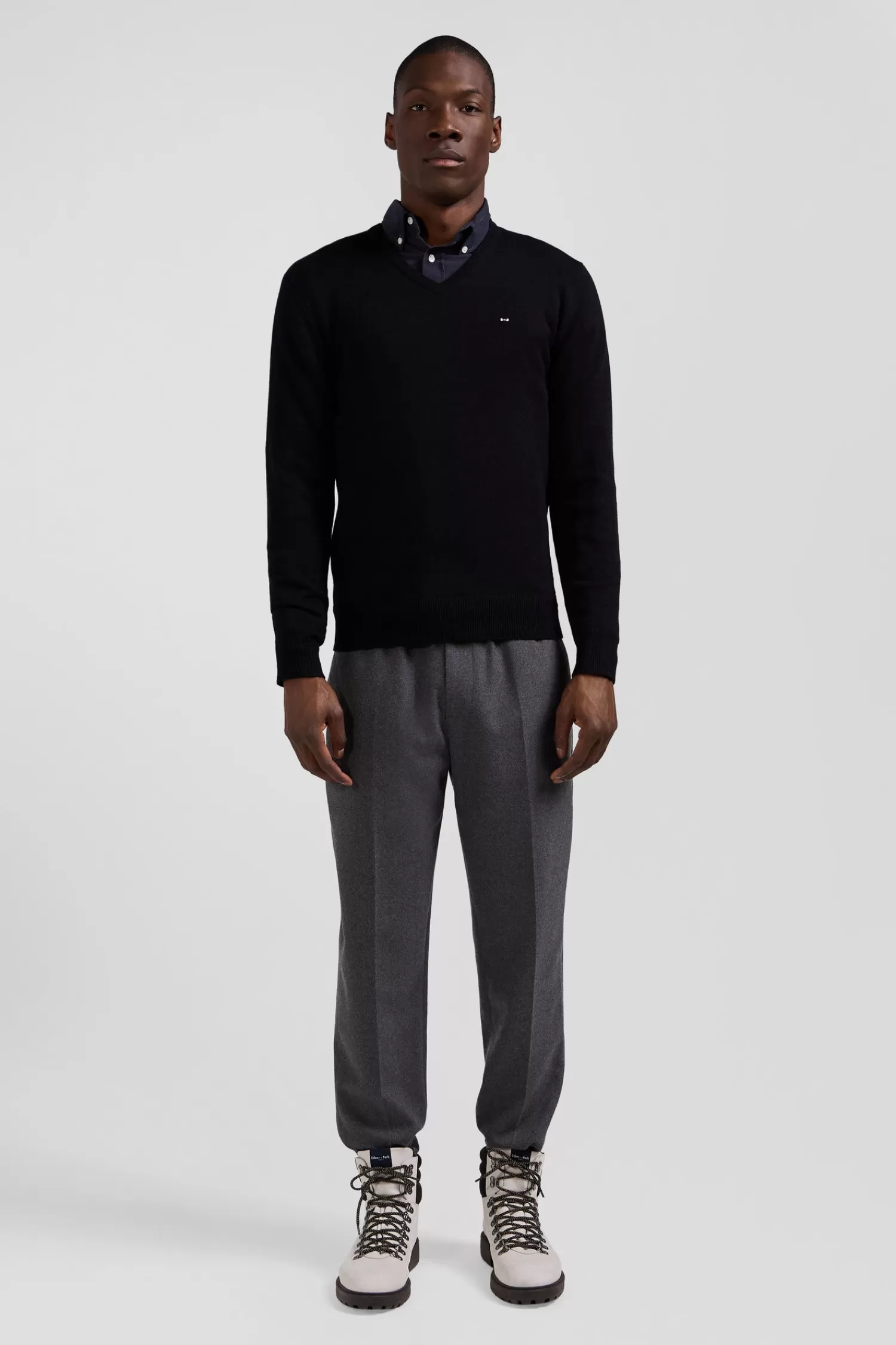 Eden Park Regular black wool and cotton V-neck jumper with striped details< Sweaters