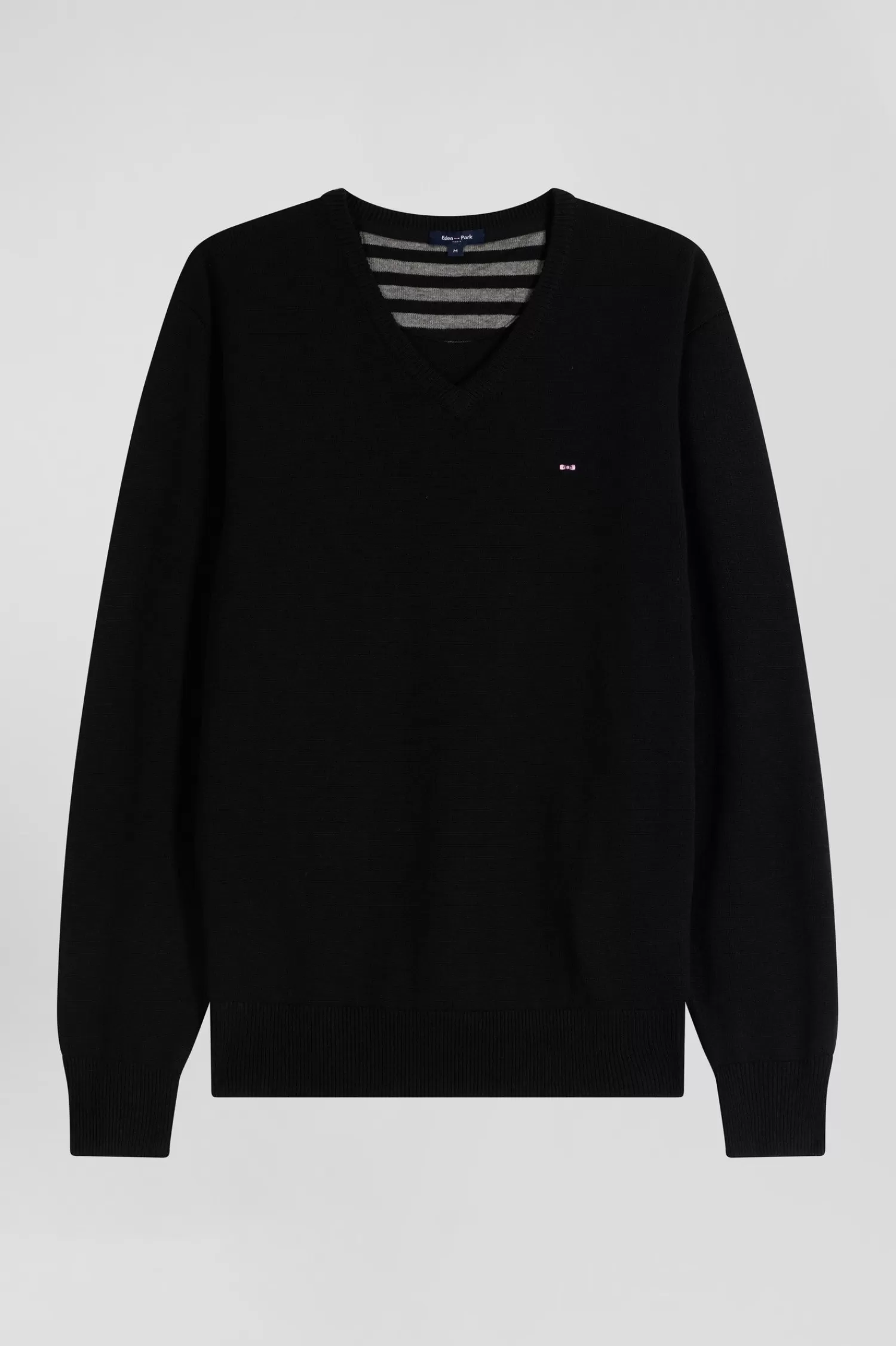 Eden Park Regular black wool and cotton V-neck jumper with striped details< Sweaters